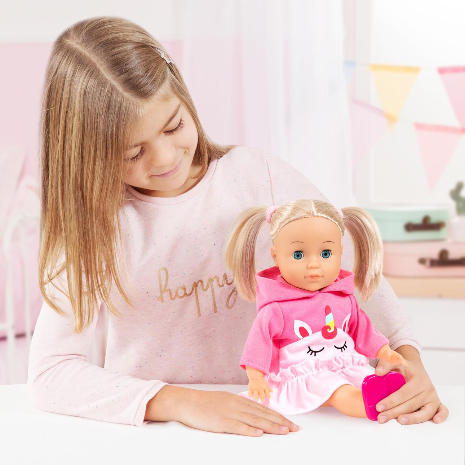 Bayer Charlene Little Lover Interactive Baby Doll - Thirteen-inch Soft Doll with Sounds, Eyes Close, Blonde Hair and Unicorn Outfit with Accessories