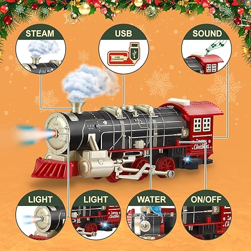 Miniatura 2 de Tren de Navidad - Juego de tren a control remoto con luz y sonido de vapor, juguetes de tren eléctrico para alrededor debajo del árbol de Navidad,