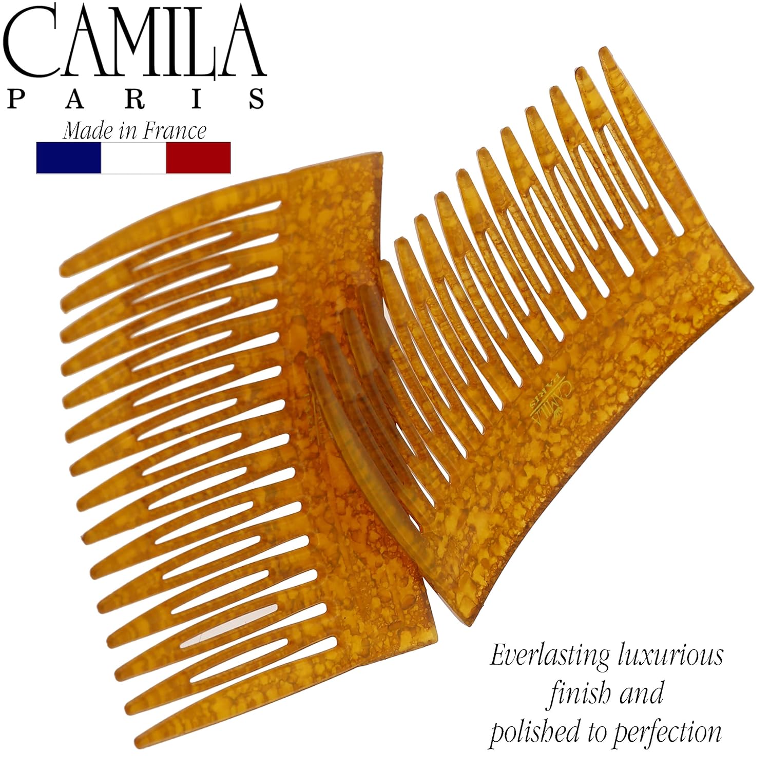 Camila Paris CP3330 French Hair Side Comb, 3 inch Small Amber, French Twist Hair Combs Decorative, Strong Hold Hair Clips for Women Bun Chignon Up-Do Styling Girls Hair Accessories, Made in France