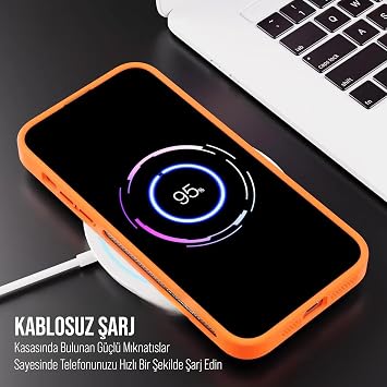 Babilden iPhone 14 Plus İçin Kılıf Kamera Korumalı Magsafe İle Uyumlu Kablosuz Şarj Özellikli Mat Şeffaf Renkli Standlı Lens Hediyeli Telefon Kılıfı (Turuncu)