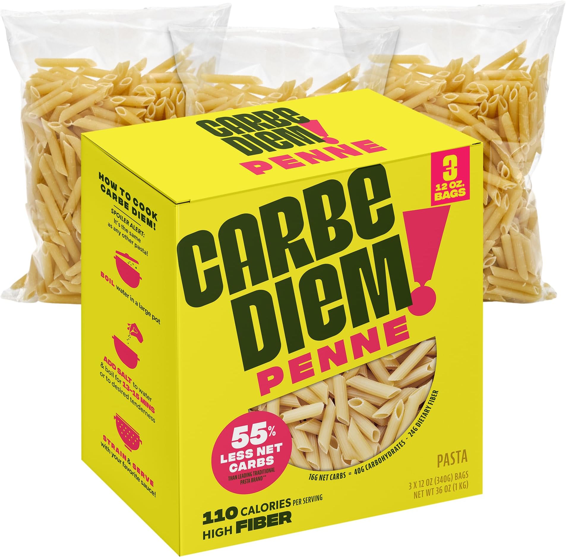 CARBE DIEM! Penne 3x 12oz Bags Lower Net Carb Pasta