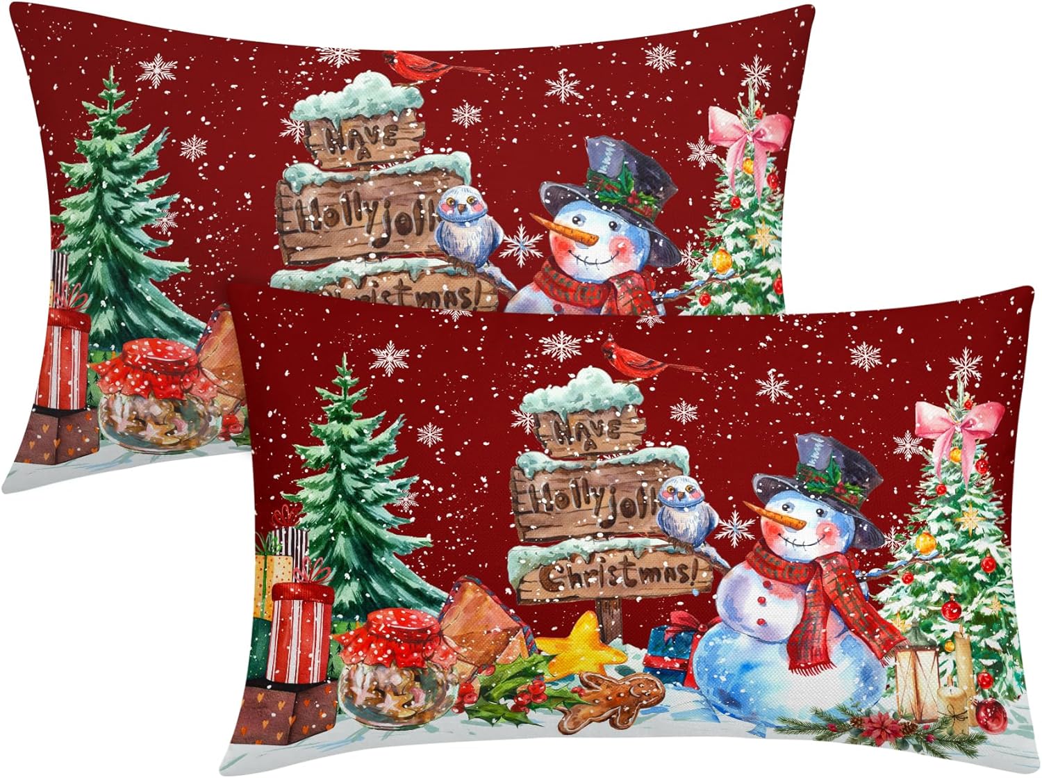 Holly Jolly Christmas Lumbar Pillow Covers 12x20 Inch Set