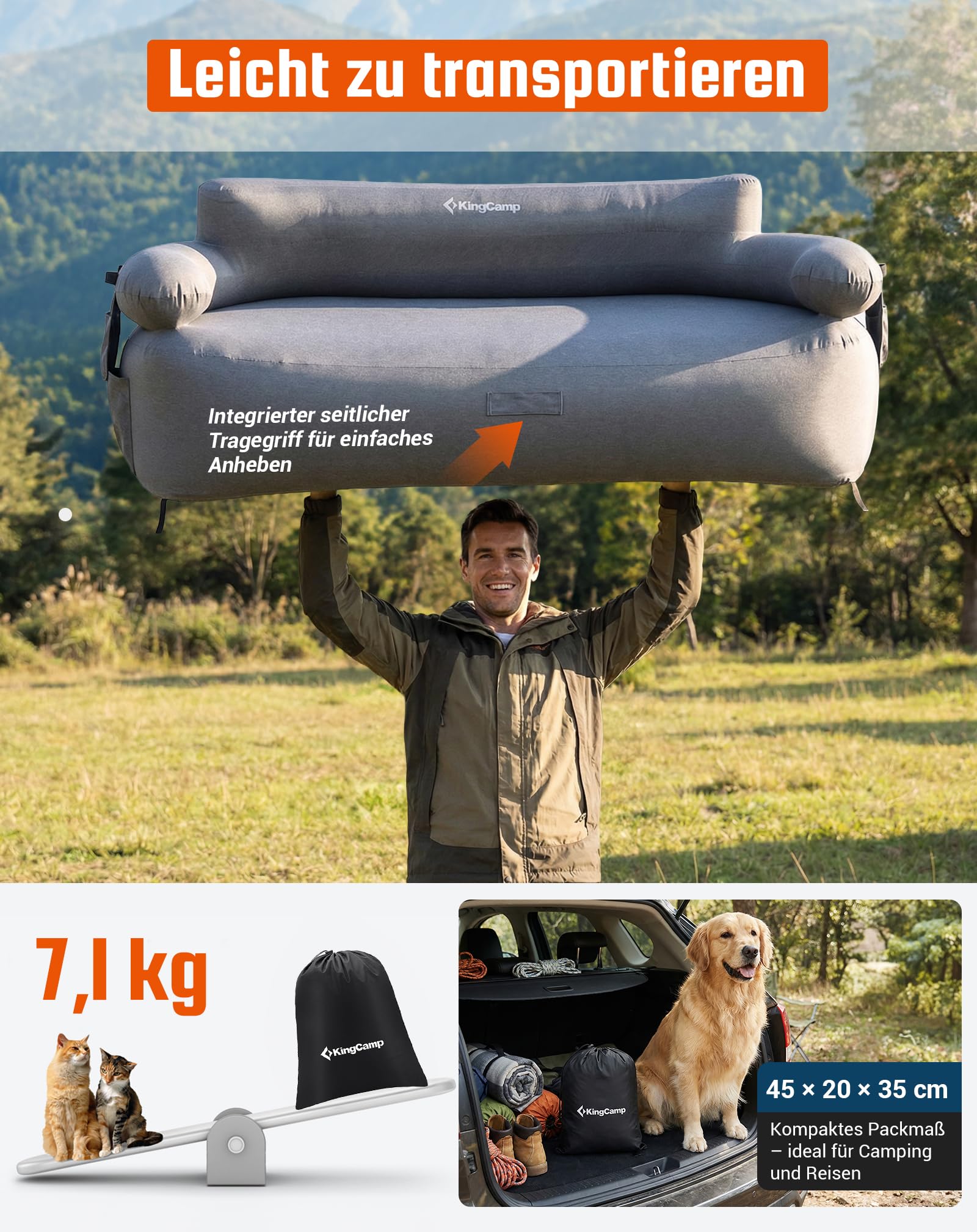 KingCamp Aufblasbares Sofa Camping mit Elektropumpe, 400 kg Belastbar Luftsofa Outdoor, Tragbarer Doppel Camping Couch Aufblasbar, Wasserdichtes Luft Sofa für 2 Personen, Reisen Strand Garten, Grau