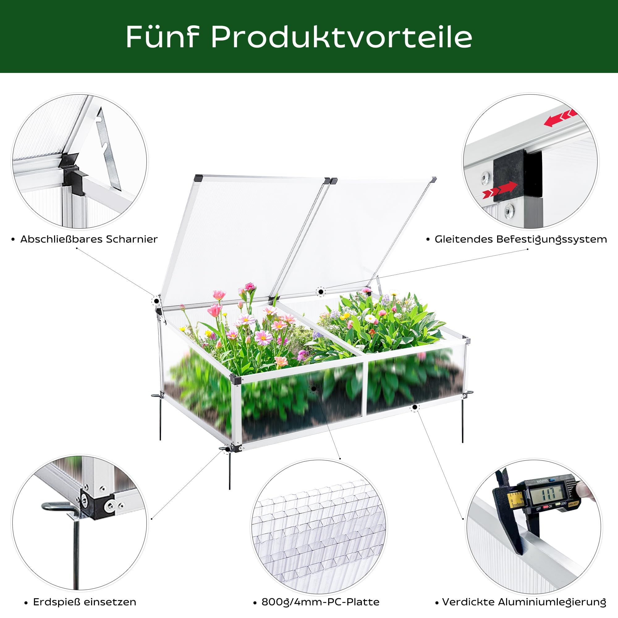 Frühbeet Alu Mini Gewächshaus Hochbeet Treibhaus UV-Schutz Pflanzbeet lichtdurchlässig Frühbeetkasten HxBxT: 115x76x40 cm Doppeldach Silbern