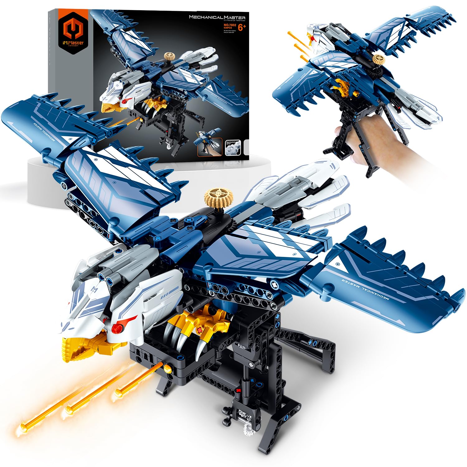BAV Blue Eagle Hand-held Launch Toy Building Set with Movable Wings, Bullet-Firing War Eagle Model Kit Collectible Toys and Gifts for Teens and Boys Ages 6+ (630pcs)