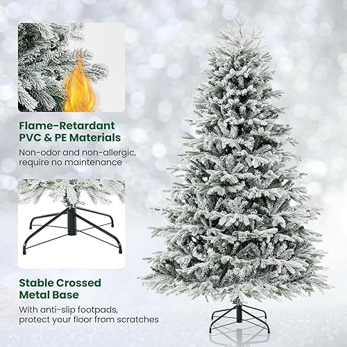 Miniatura 3 de DORTALA Árbol de Navidad preiluminado, árbol de Navidad artificial flocado de nieve de 7 pies con 1328 puntas de rama, 450 luces LED blancas