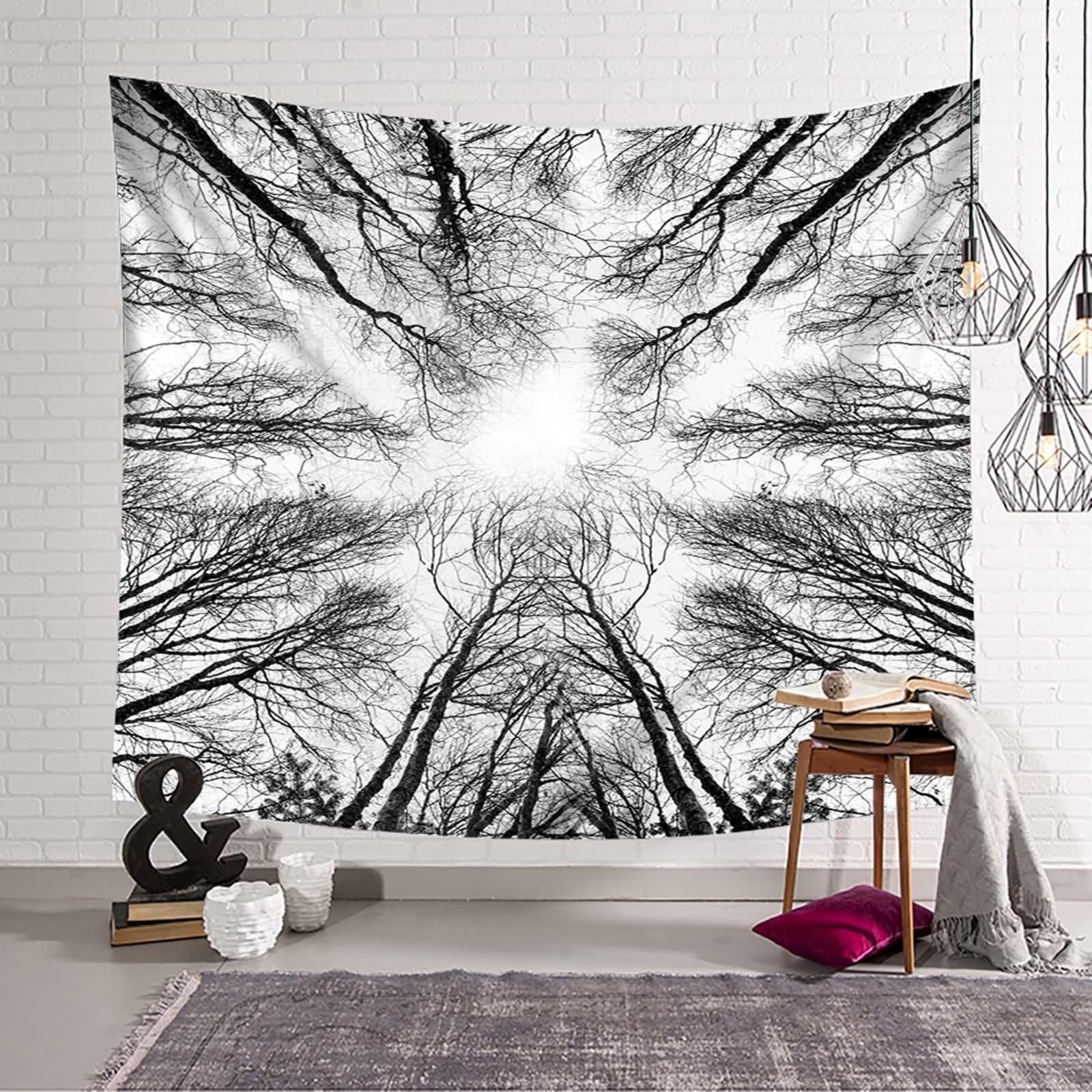 Homxi Wandteppich Landschaft 260 x 240 CM,Zweig Polyester Wandteppiche Kinderzimmer Deko Schwarz Grau