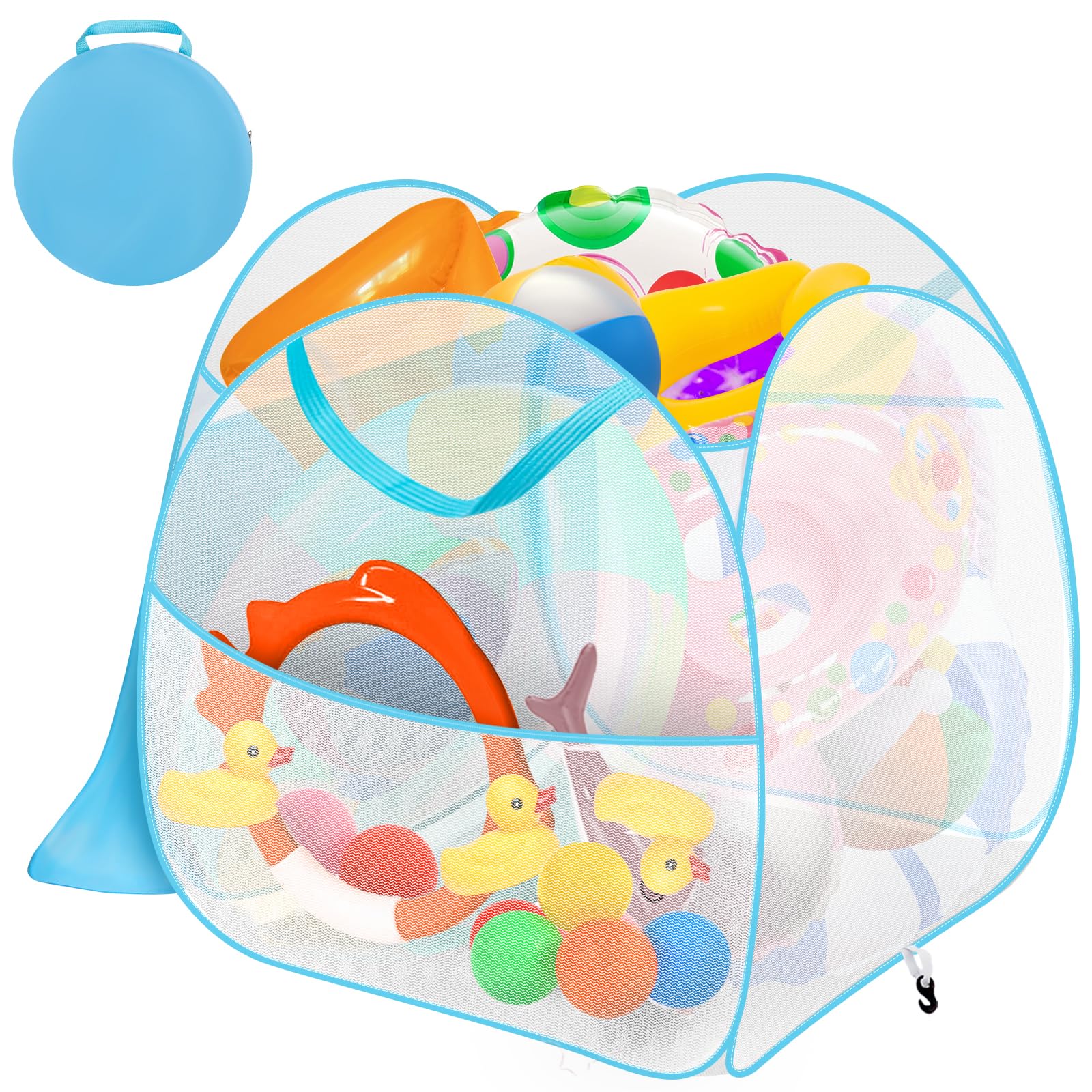 Axcoix 2-in-1 Pool Float Storage Bin, 30" x 30" x 30" Mesh Pool Toy Storage Organizer with Cover & Pockets, Floor/Hanging Pool Toy Net Storage Bag for