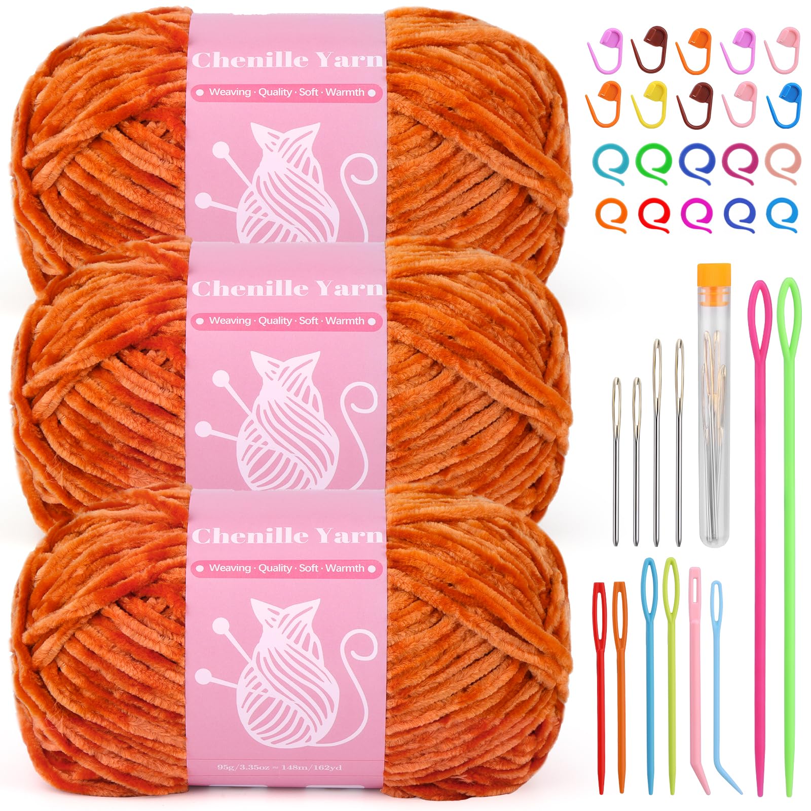 LUNARM Chenille Yarn for Crochet Knitting Chunky Blanket Velvet Yarn | 3 Pack 3.5oz/100g 486 Yard Orange Chenille Yarn for Beginners Knitting Scarves with Big Eye Needles Machine Washable