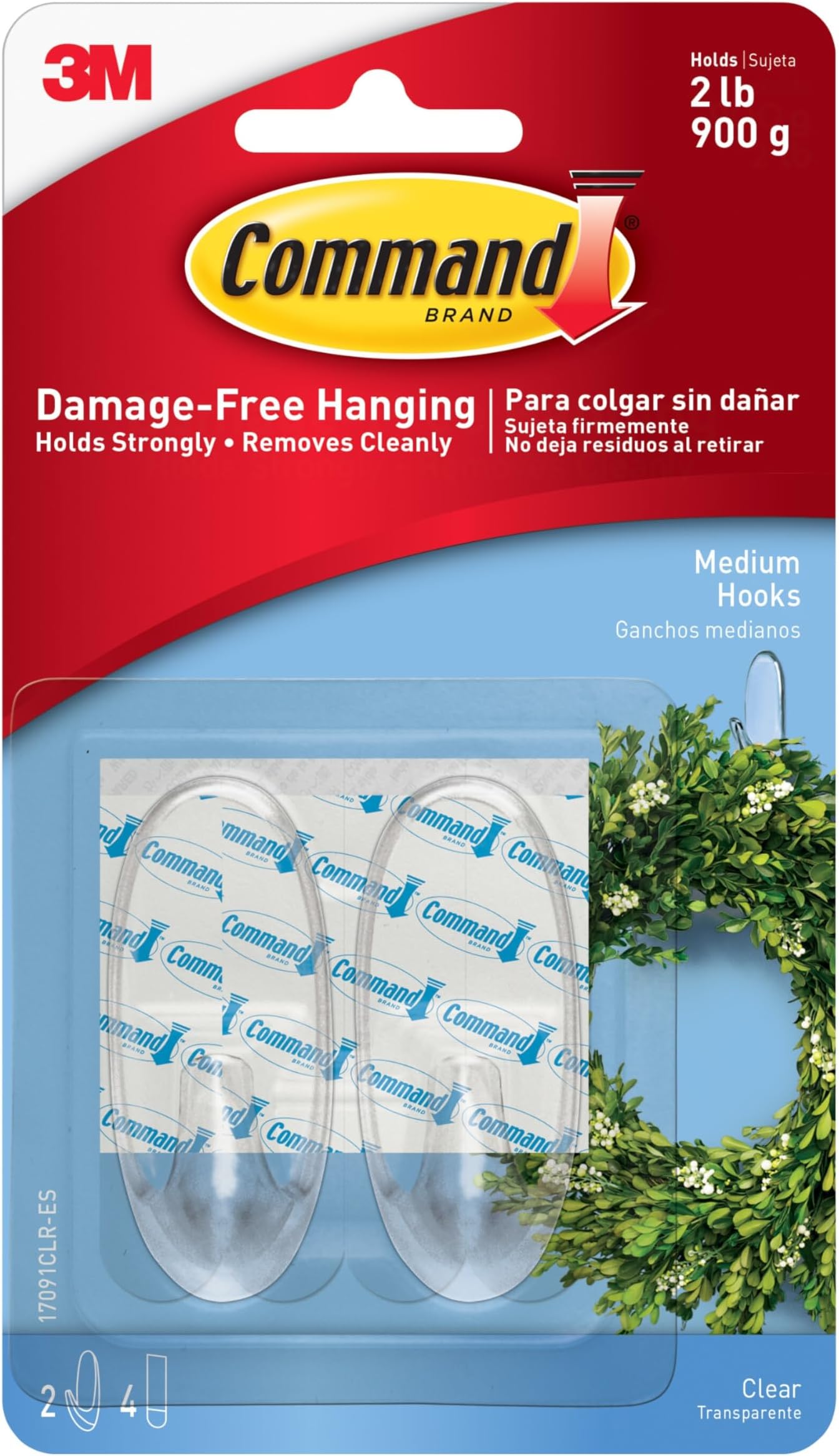 3M Command Clear Medium Wall Hooks, holds 900gms, no paint damage, Holds Strongly, Adhesive hooks for wall, Reusable, Multi-surface (Transparent, 2 hooks, 4 strips)
