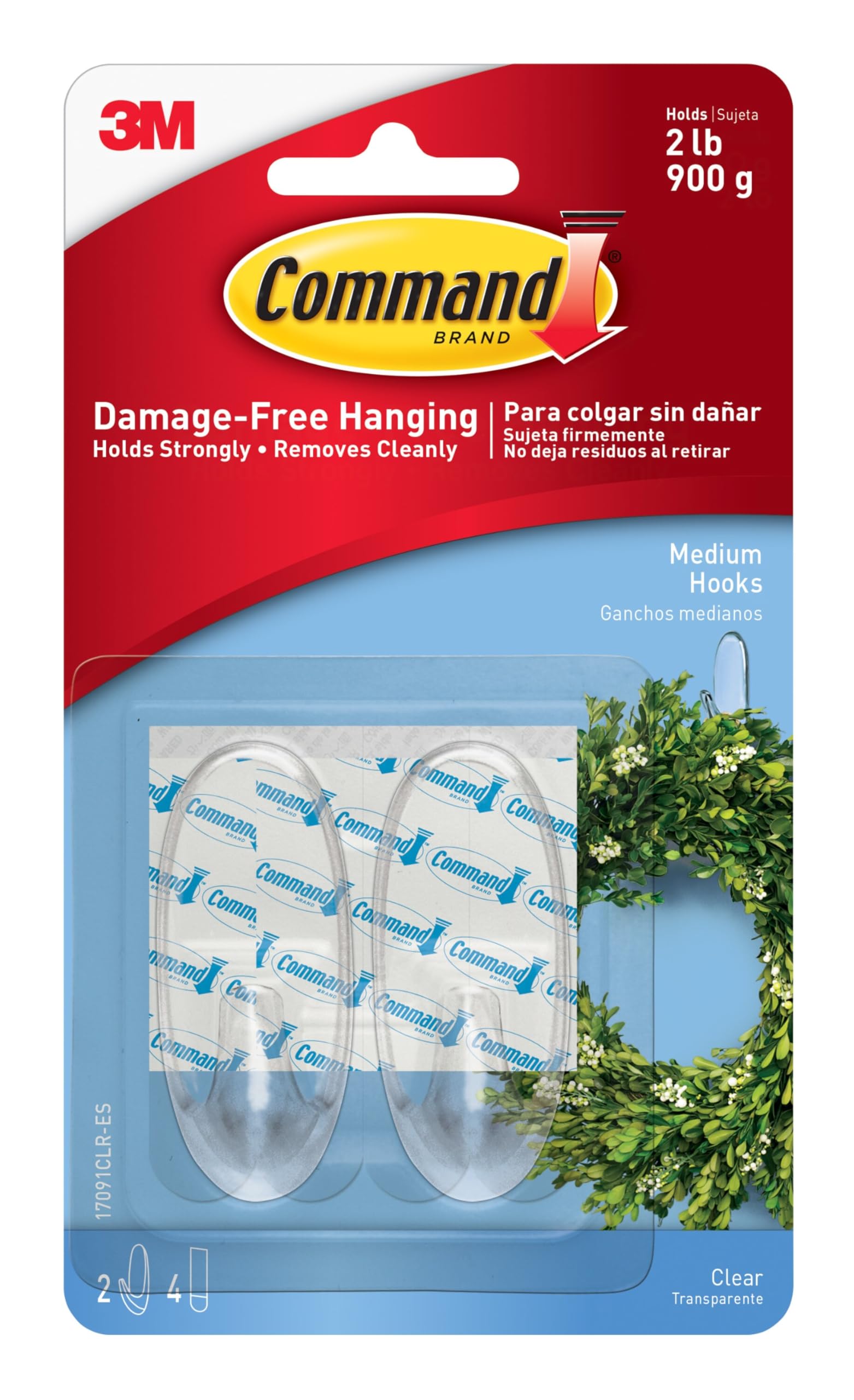 Command™ Medium Clear Hooks with Clear Strips 17091CLR, 2 Hooks, 4 Medium Strips