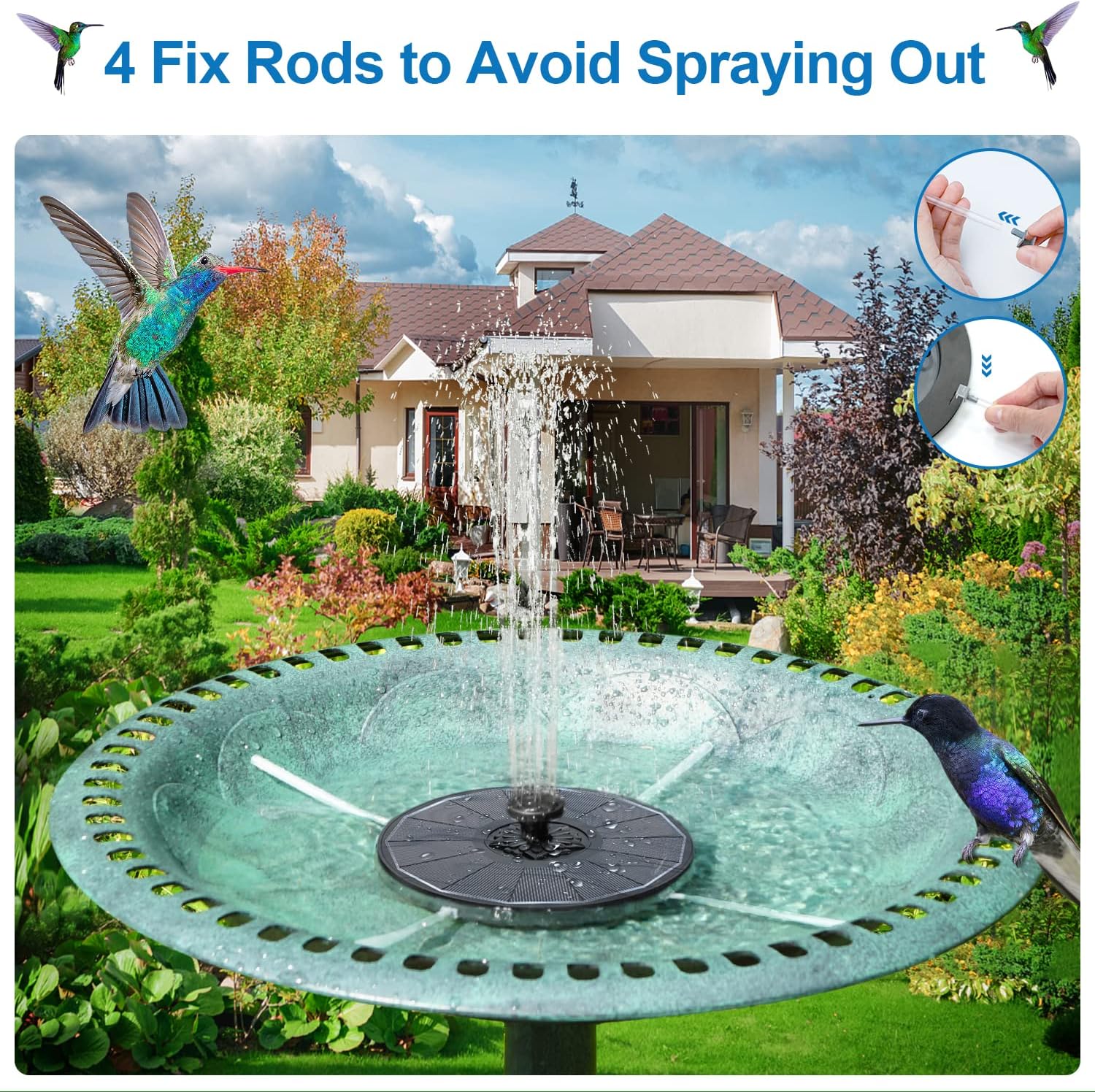 3.5W Solar Fountain with 2000mAh Battery - Work On Cloudy Days - Upgrade Glass Panel Solar Bird Bath Fountain, Hummingbird Water Feature Pump with 7 Nozzles, 4 Fixed Pipes for Garden, Pool