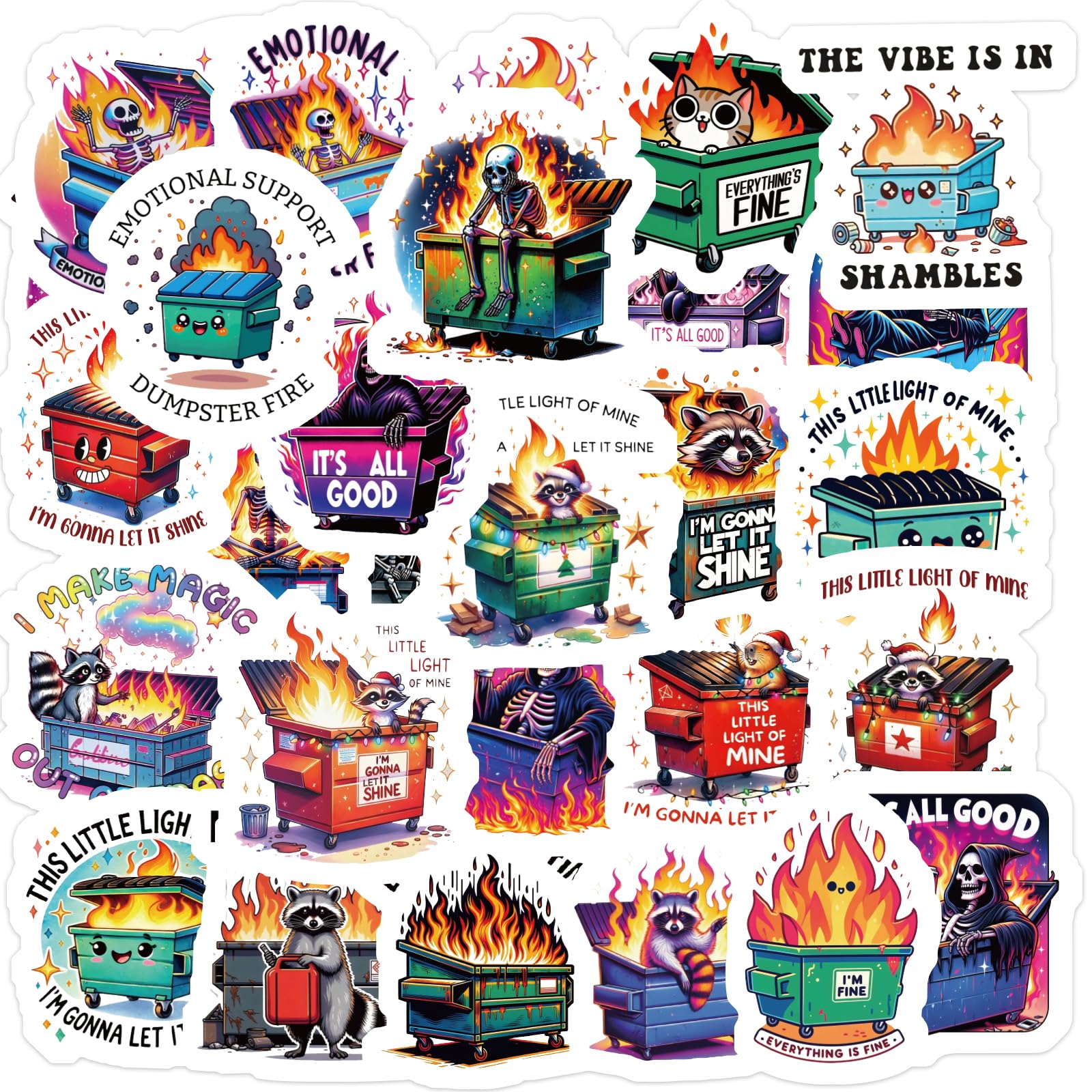 AFRITEE Funny Dumpster Fire Stickers - 50 Pcs Emotional Support Dumpster Fire Bulk Vinyl Sticker, Cute Skeleton Raccoon Waterproof Decal for Journal Water Bottle Laptop Bumper Decor Gift for Kid Teens