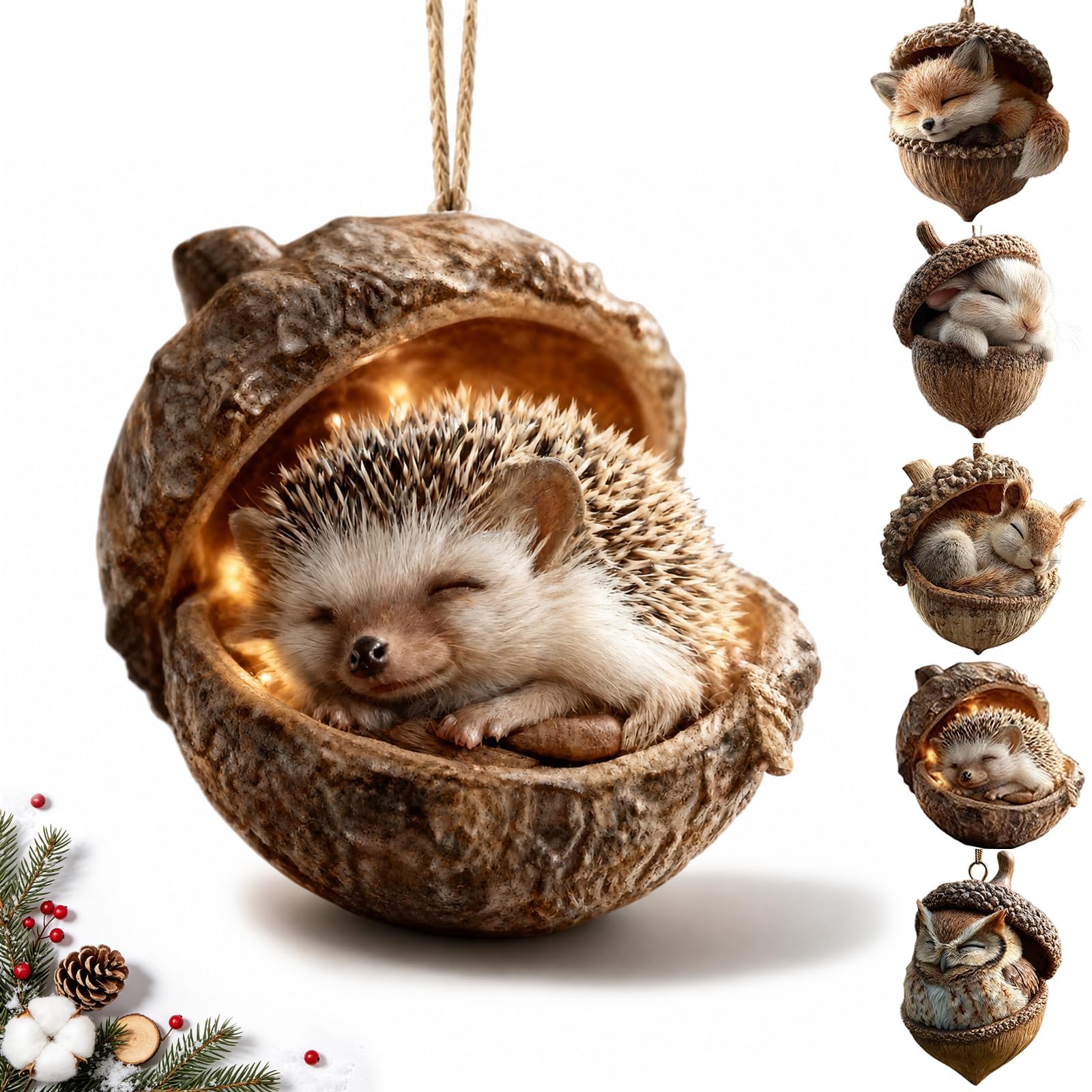 2D Forest Animal Acorn Ornaments, Resin Woodland Christmas Decor，Hedgehog