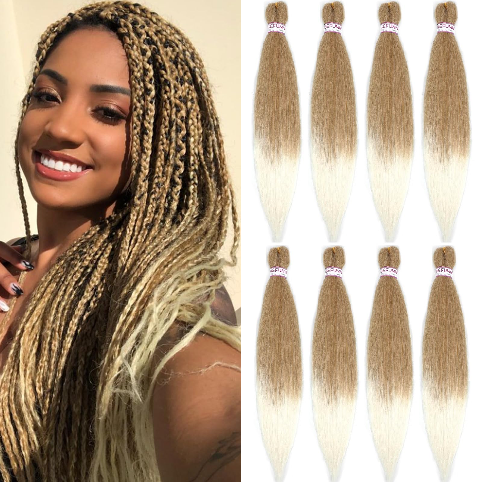 Pre stretched Braiding Hair Ombre Prestretched Braiding Hair Befunny Two Tone Honey Blonde To White 8 Packs 24 Inch Synthetic Crochet Hair For Human