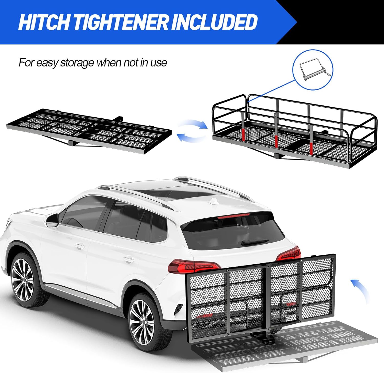 FORWODE 500 LBS Hitch Cargo Carrier Basket, 60"x24"x14" Folding Hitch Cargo Carrier Rack with High Side Rail for 2 Inch Receiver, Car Rack Rear Luggage Basket with Cargo Net
