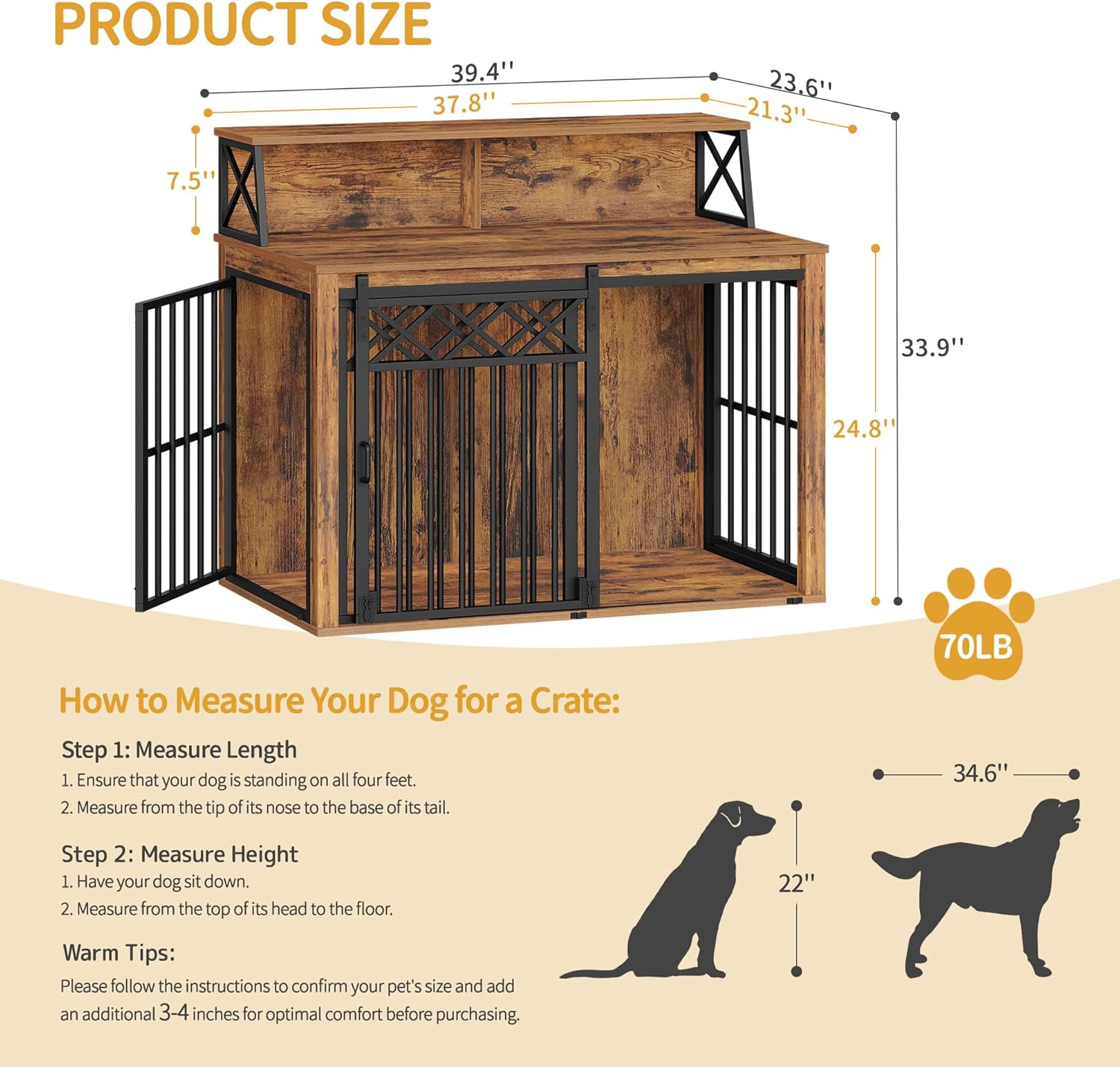 39.4'' Dog Crate Furniture, Large Wooden Dog Crate with Storage and 3 Doors, Indoor Kennel for Medium/Large Dogs, End Table with Barn Door, Chew-Proof and Escape-Proof, Rustic Brown DFC87401B