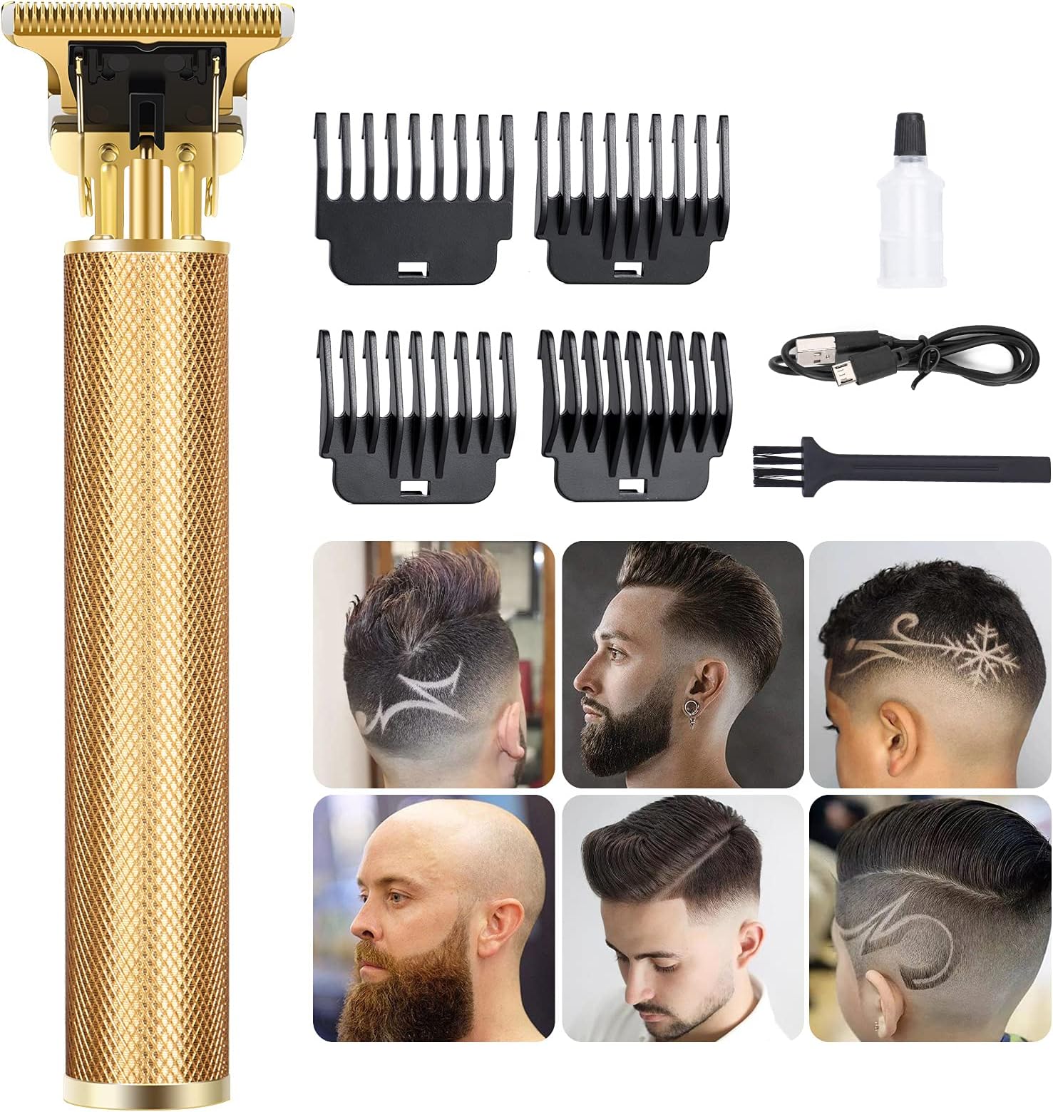 SerDa-Run Electric Hair Trimmer, Professional T-Blades, Long Hair Trimmer, Razor, Men's Beard Trimmer with USB Rechargeable Device and Wireless, Gold
