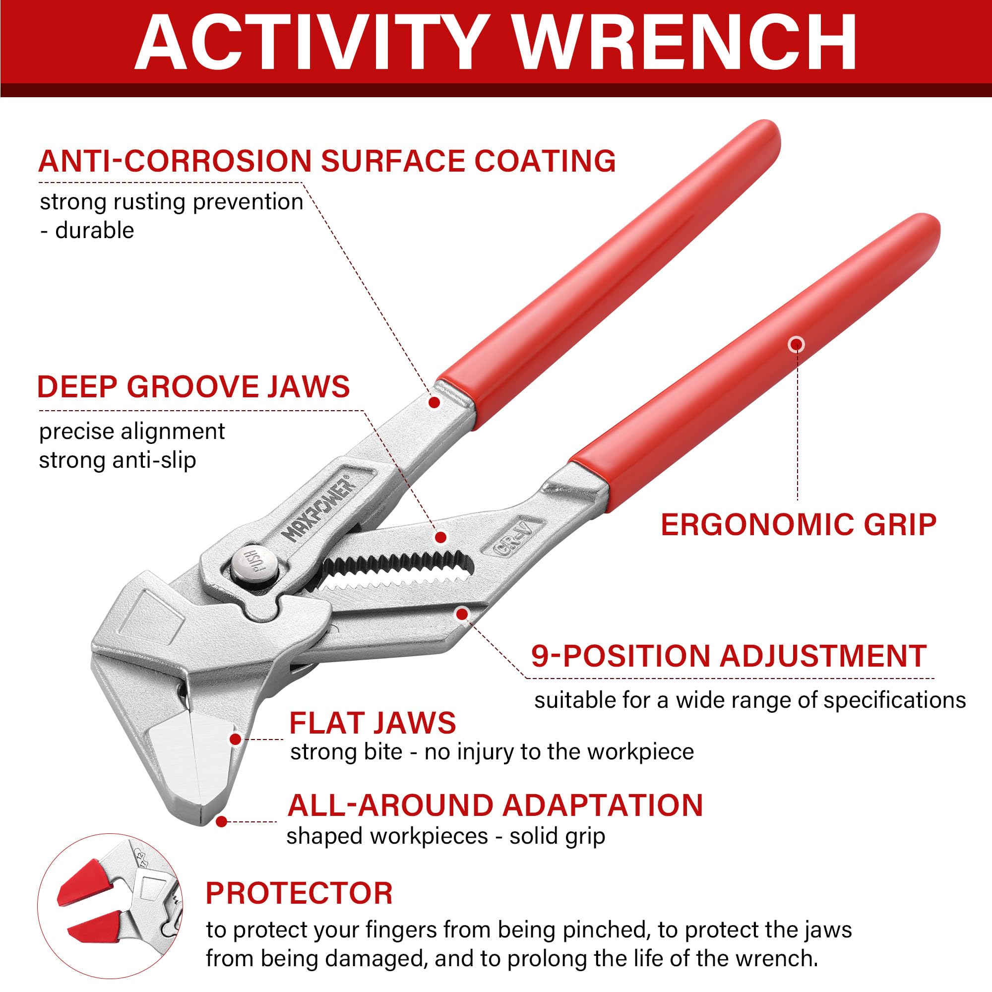 MAXPOWER Clé Multiprise 10" (260 mm) – Ouverture 52 mm, Acier Cr-V, Poignée Antidérapante, Verrouillage & Graduation, avec Capuchon de Protection