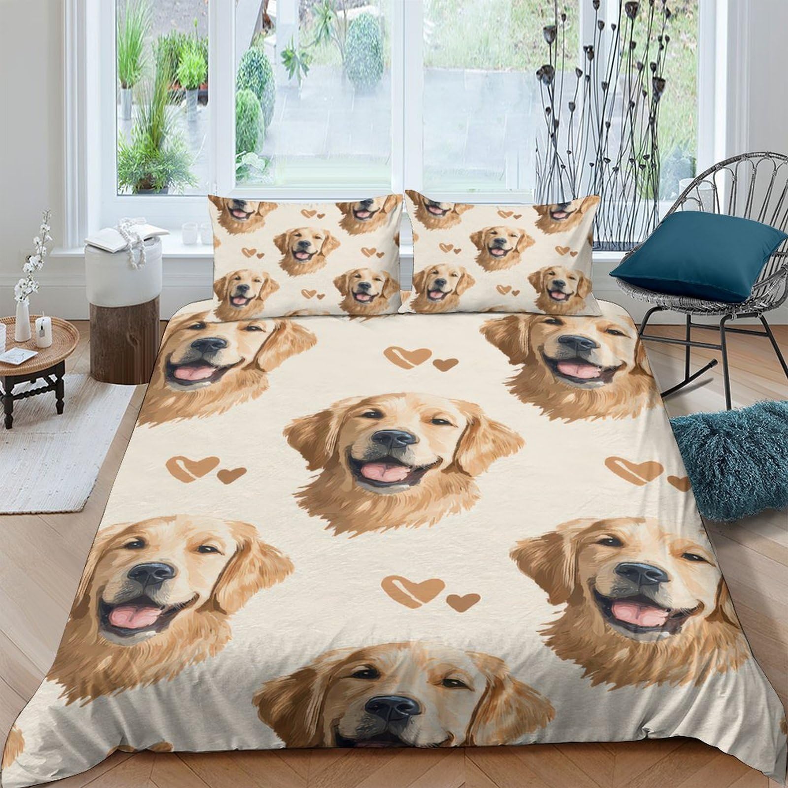 TUFRTGYHN 3D Printed Golden Retriever Dog Duvet Cover Microfiber Soft Breathable Heart Pattern Bedding Set with 2 Pillowcases for Bedroom Home Decor Single（135x200cm）