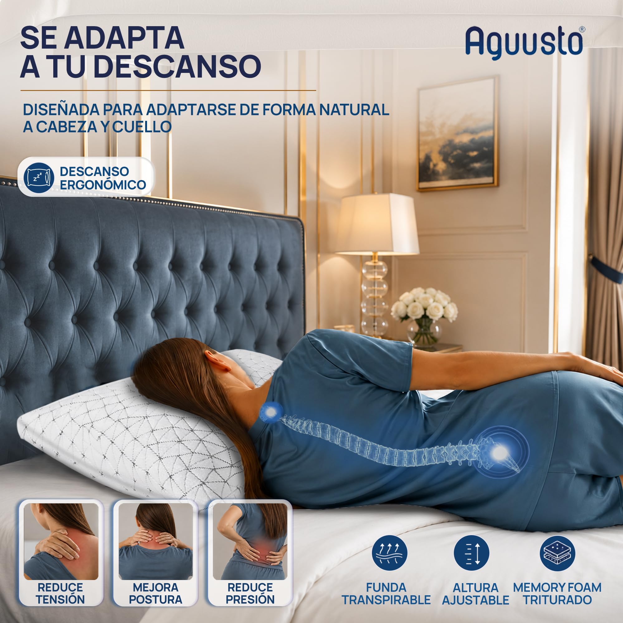 Oficial Almohada de Gel Viscoelástica Premium - Relleno Ajustable - Doble Funda Lavable y Transpirable, para Dormir de Lado, Boca Arriba o Boca Abajo, Memory Foam, Augusto Matrimonial 70cm