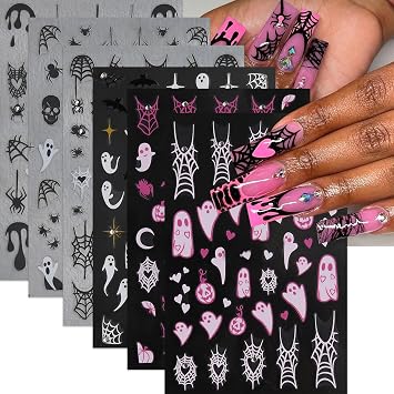 6Pcs Halloween Nail Stickers 3D Self-Adhesive Pink White Ghost Nail Decals Funny Spider Web Nail Art Stickers with Rhinestones Nail Design Supplies Charms Spider Sticker for Women Nail Decor
