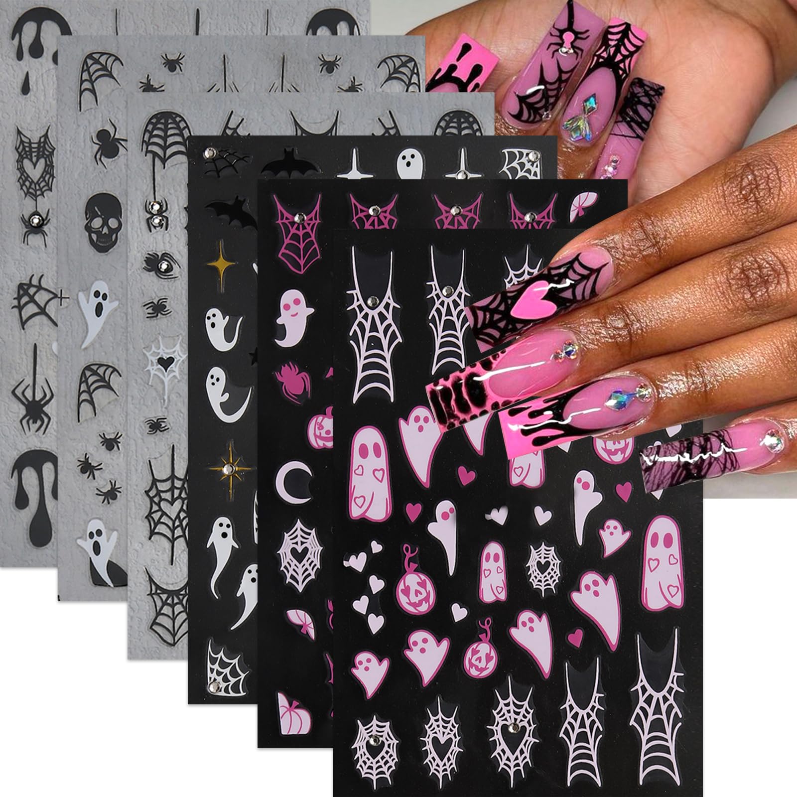 SHUXILIN 6Pcs Halloween Nail Stickers 3D Self-Adhesive Pink White Ghost Nail Decals Funny Spider Web Nail Art Stickers with Rhinestones Nail Design