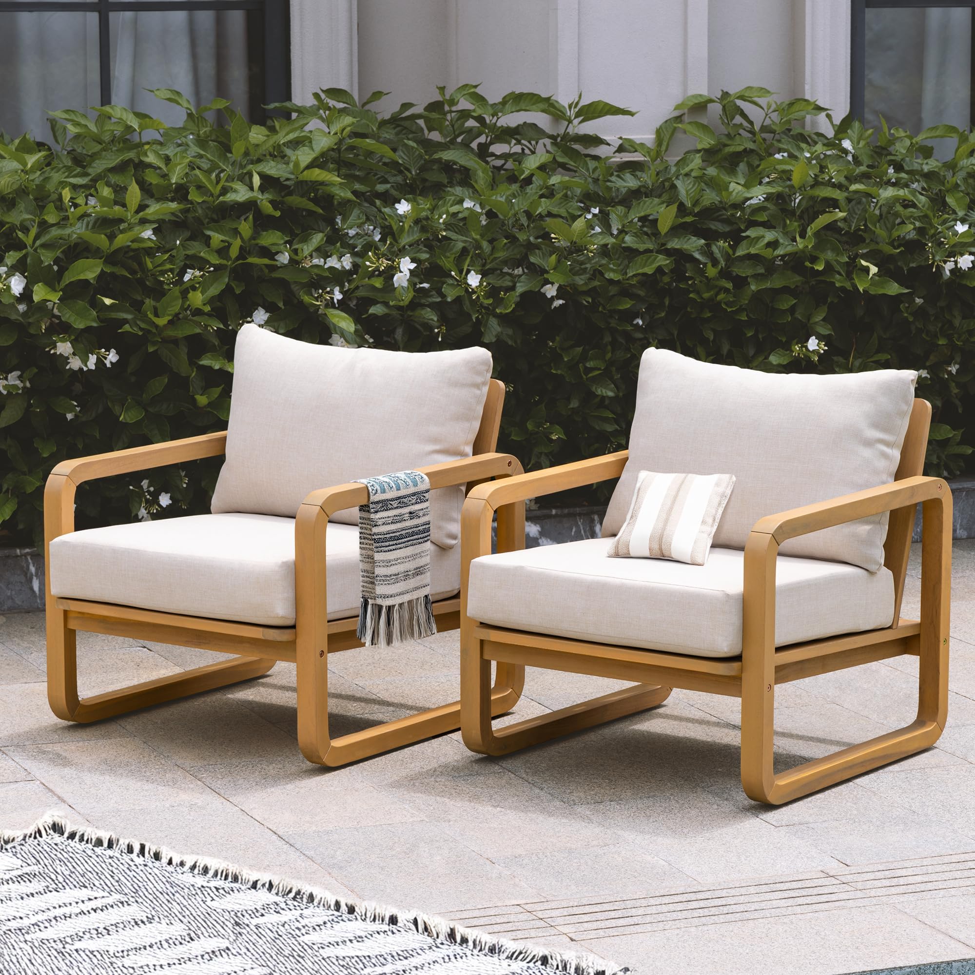 Idzo Ivy Wood Club Chair Set of 2 – Beige Fabric, Outdoor Wooden Armchair Seating with Cushions for Patio, Garden, or Balcony Relaxation