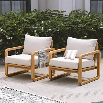 Ivy Wood Club Chair Set of 2 Beige Fabric, Outdoor Wooden Armchair Seating with Cushions for Patio, Garden, or Balcony Relaxation
