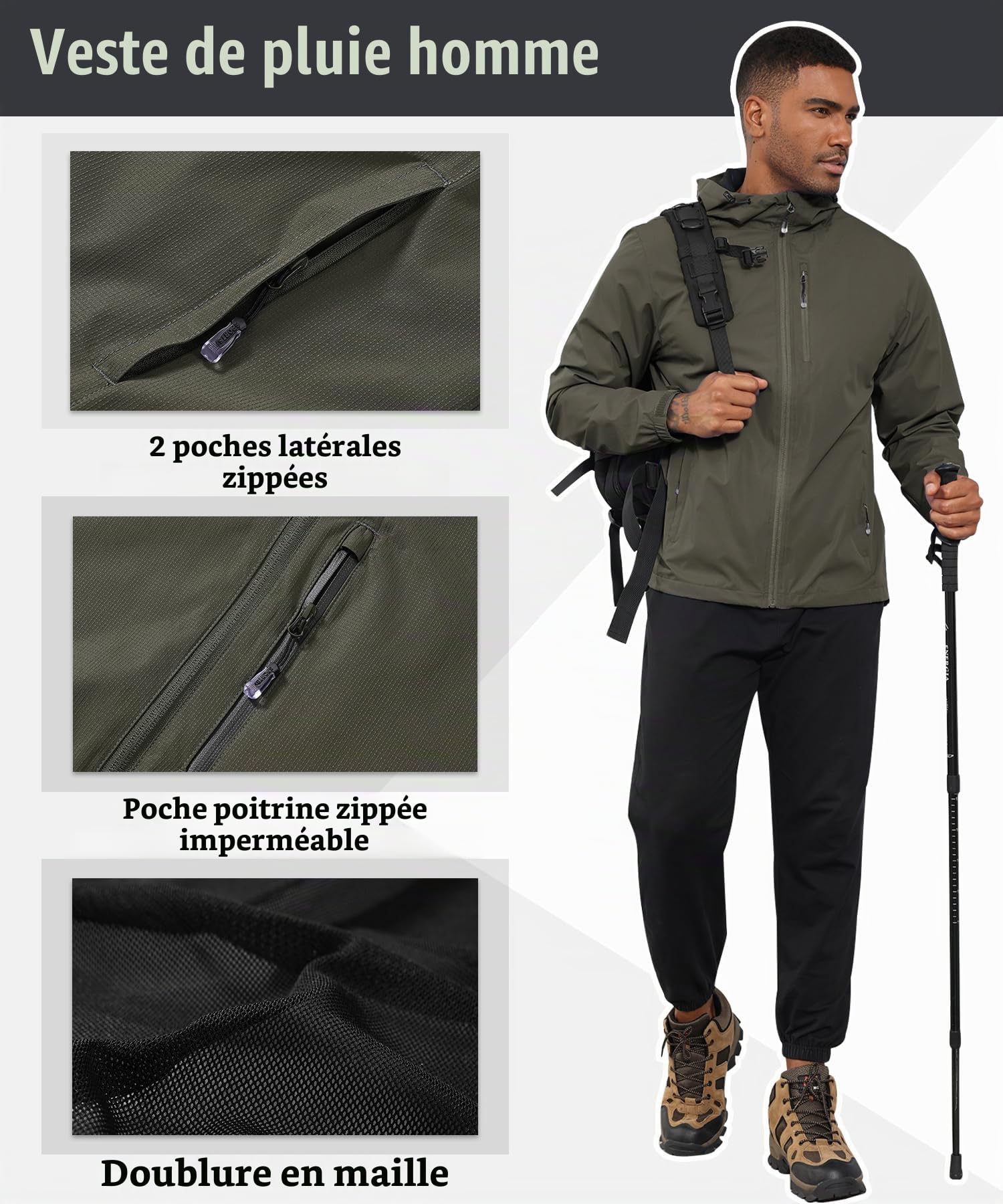 Huayuzh Veste de pluie pour homme, imperméable, légère, pour camping, randonnée, respirante, pliable, softshell avec capuche