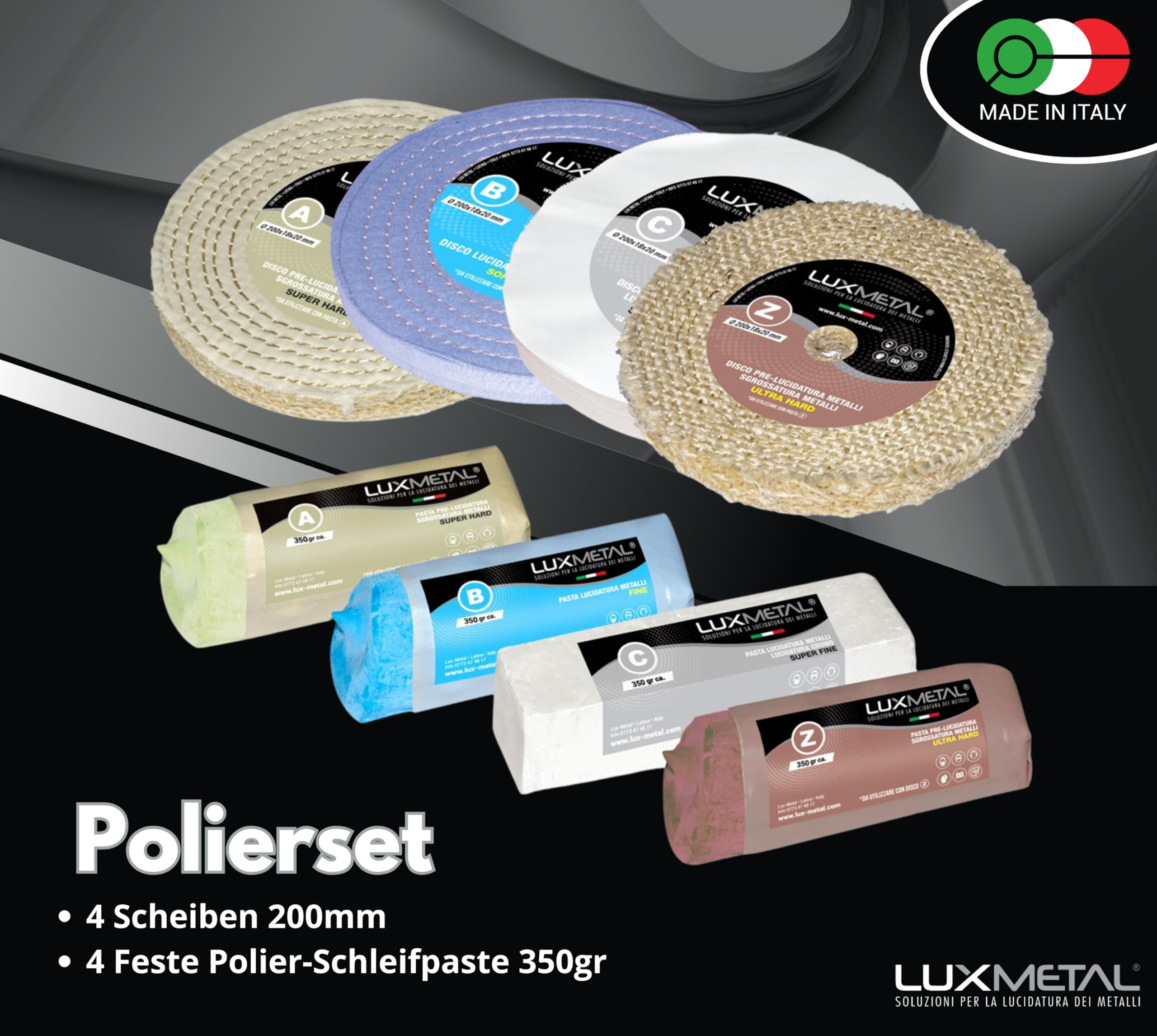 Lux Metal 4 polierpaste 350 g - 4 Polierscheibe 200 mm, Polierset set DIY kit Schleifpaste Metal Aluminium Bank Poliermaschine, Edelstahl, Messing, Kupfer, Holz, Kunststoff, schleifmaschinen, messer