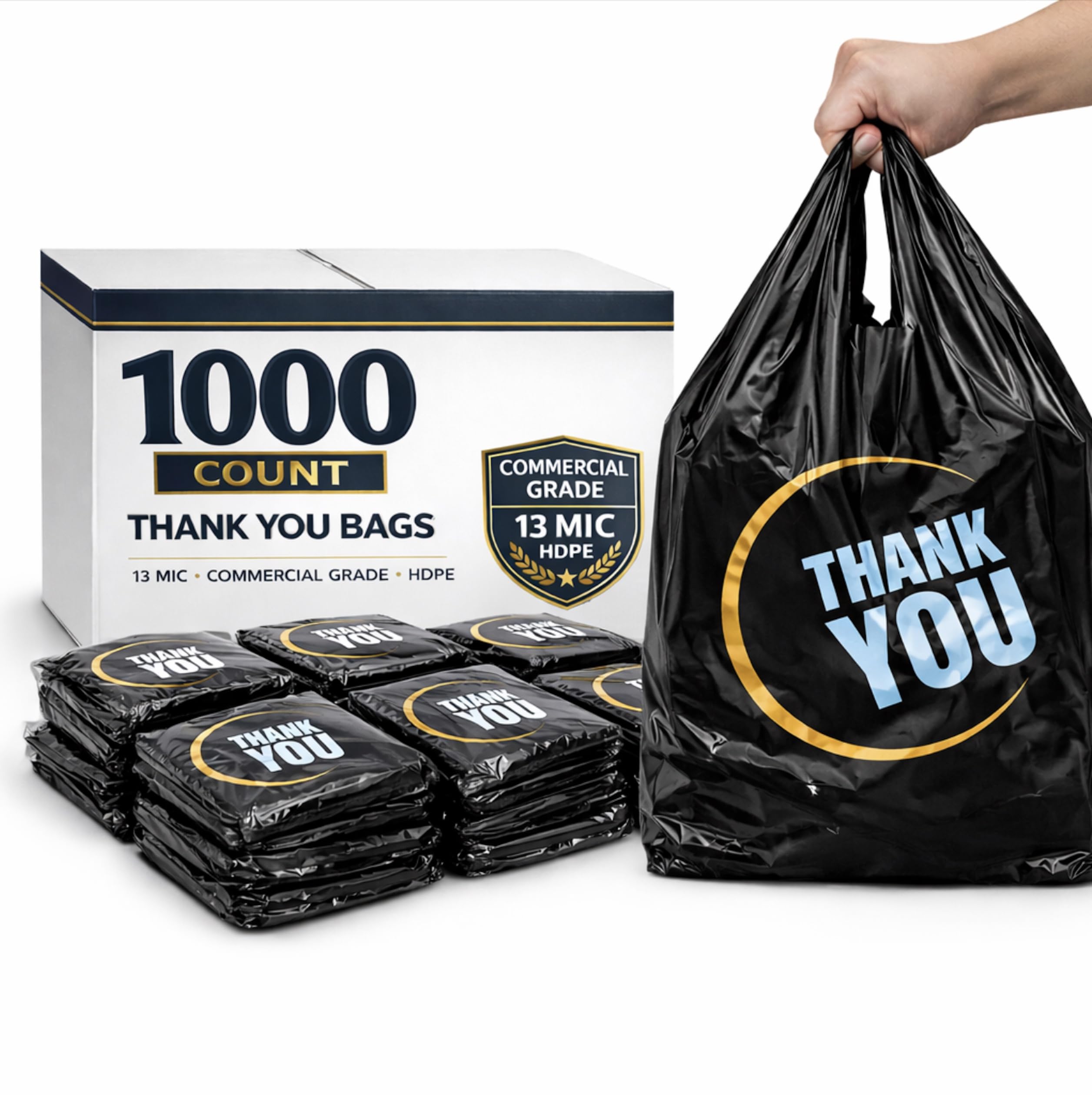 YoYoRain 1000 Count Black Plastic Bags with Handle - Retail & Carry Bags for Shopping and Supermarket Use