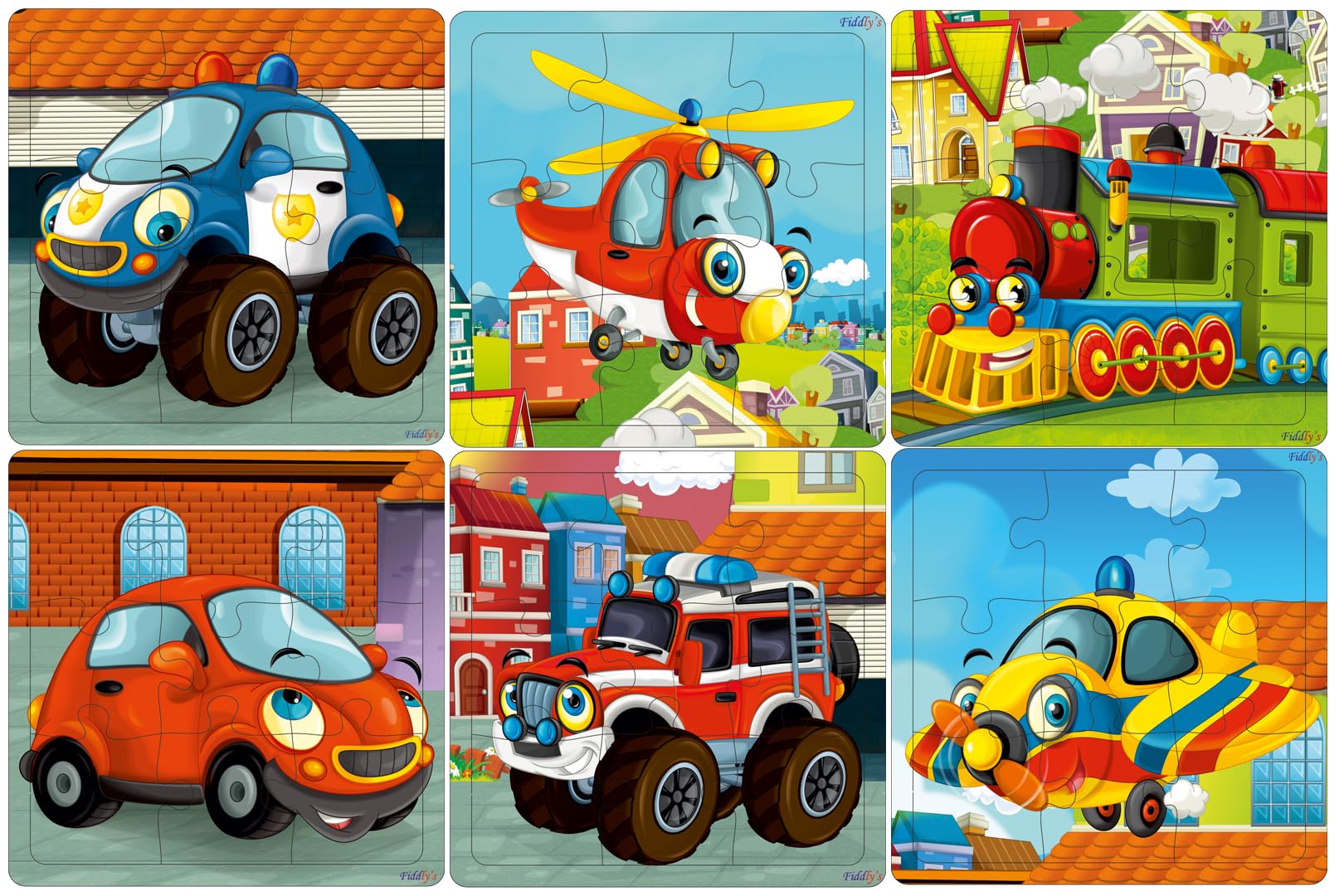 Fiddlys Wooden Jigsaw Puzzles for Kids & Children – 9 Pieces Each, Pack of 6|Double Layered Front & Back Print| Educational Toy for Boys & Girls Age 2 3 4 5 6 Year Old (Vehicles (Pack of 6))