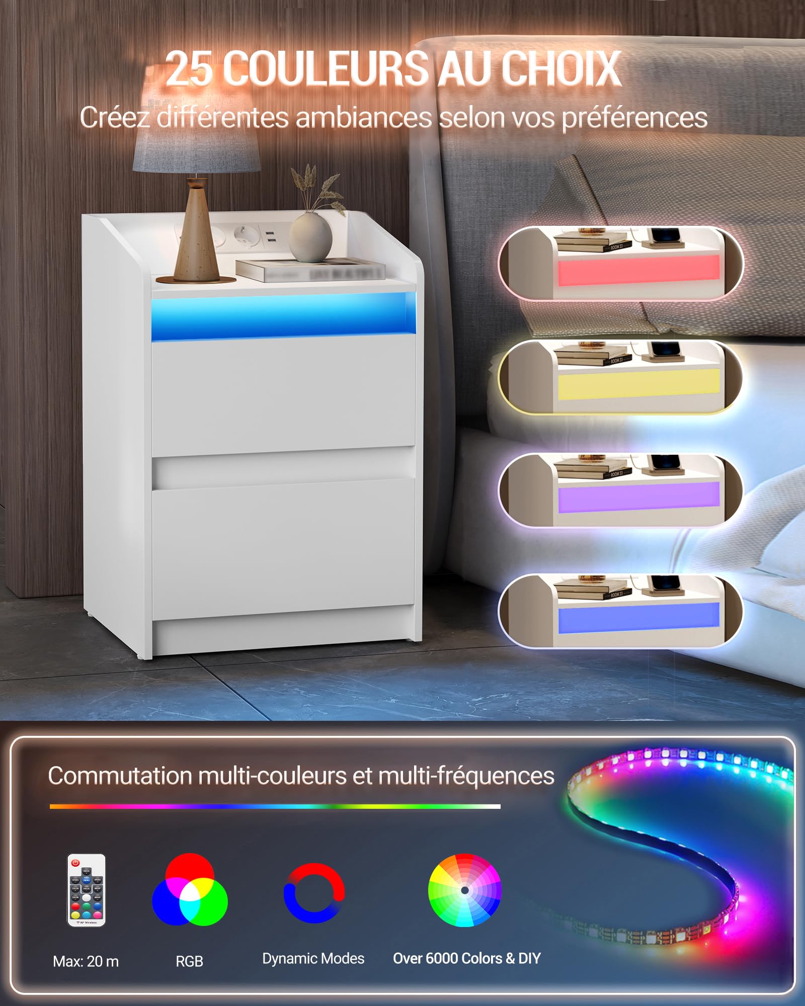 Hzuaneri Tables de Chevet avec lumières LED, Lot de 2, Station de Chargement et 2 tiroirs, Table d'appoint avec Ports USB et Prises électriques, pour la Chambre à Coucher, Blanc NS30103X