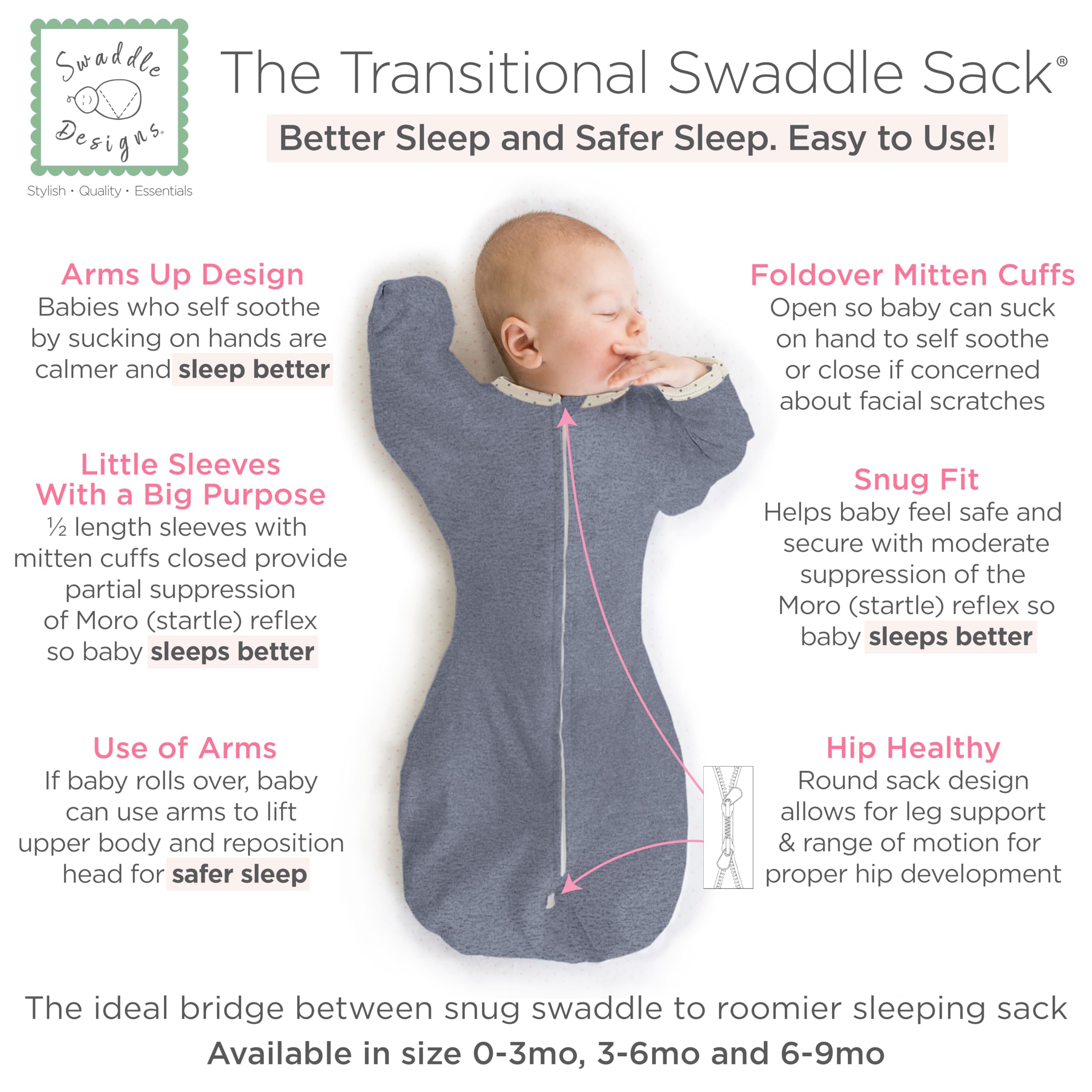 SwaddleDesigns Transitional Swaddle Sack, Baby Swaddles for Newborn with Arms Up Half-Length Sleeves & Mitten Cuffs - Image 2