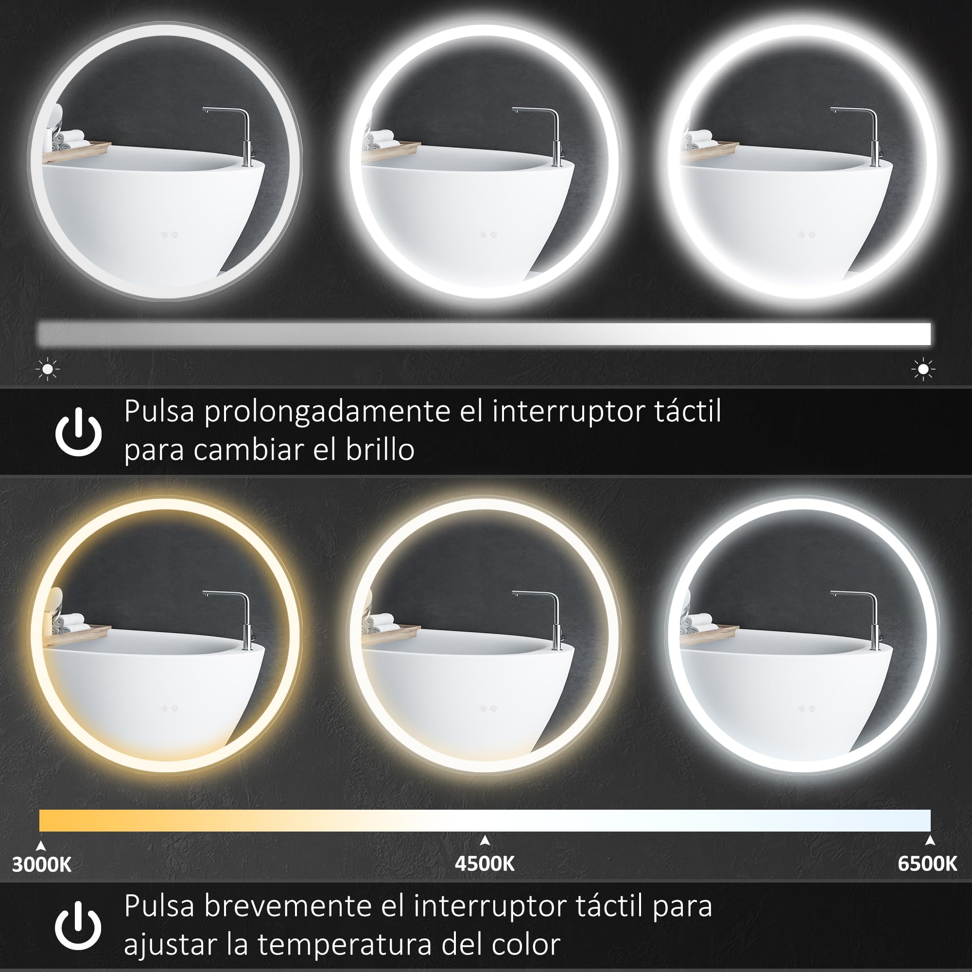 kleankin Espejo de Baño con Luces LED Ajustable Antivaho Ø60 cm Plata | Espejo para Baño Redondo, Función de Memoria, Interruptor Táctil, para Salón Entrada