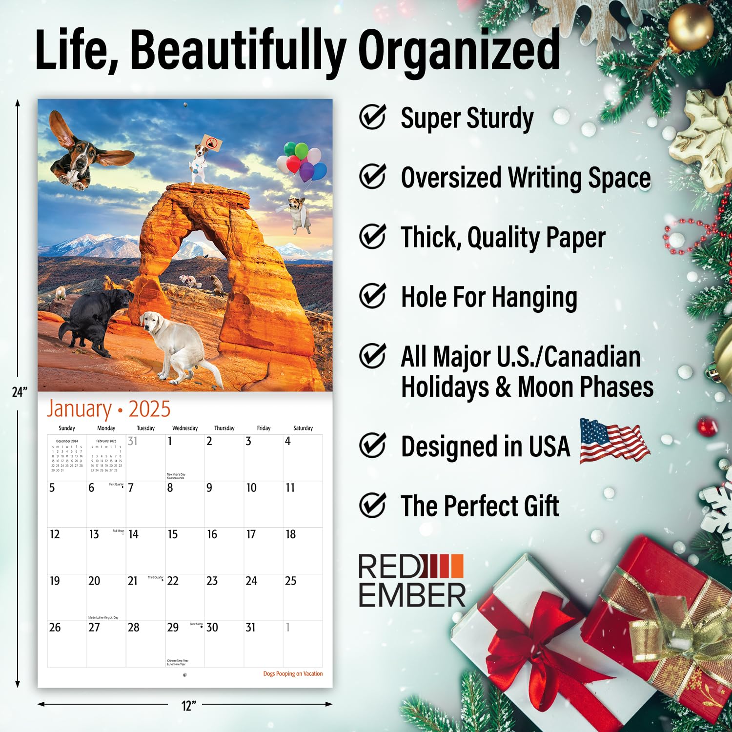 RED EMBER Dogs Pooping on Vacation - Calendario mensual de pared colgante 2025 | 12 x 24 pulgadas abierto | Papel grueso y resistente | Regalo | Divertido intercambio secreto de elefante blanco Yankee