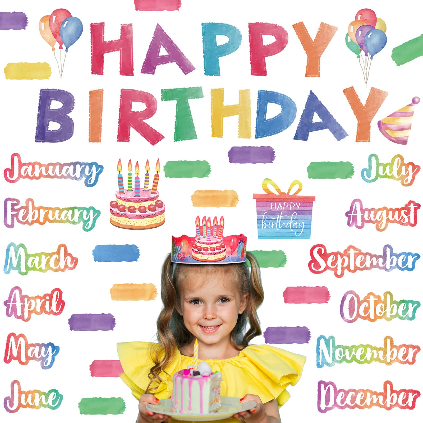 72 Pieces Happy Birthday Bulletin Board Set Watercolor Birthday Wall ...