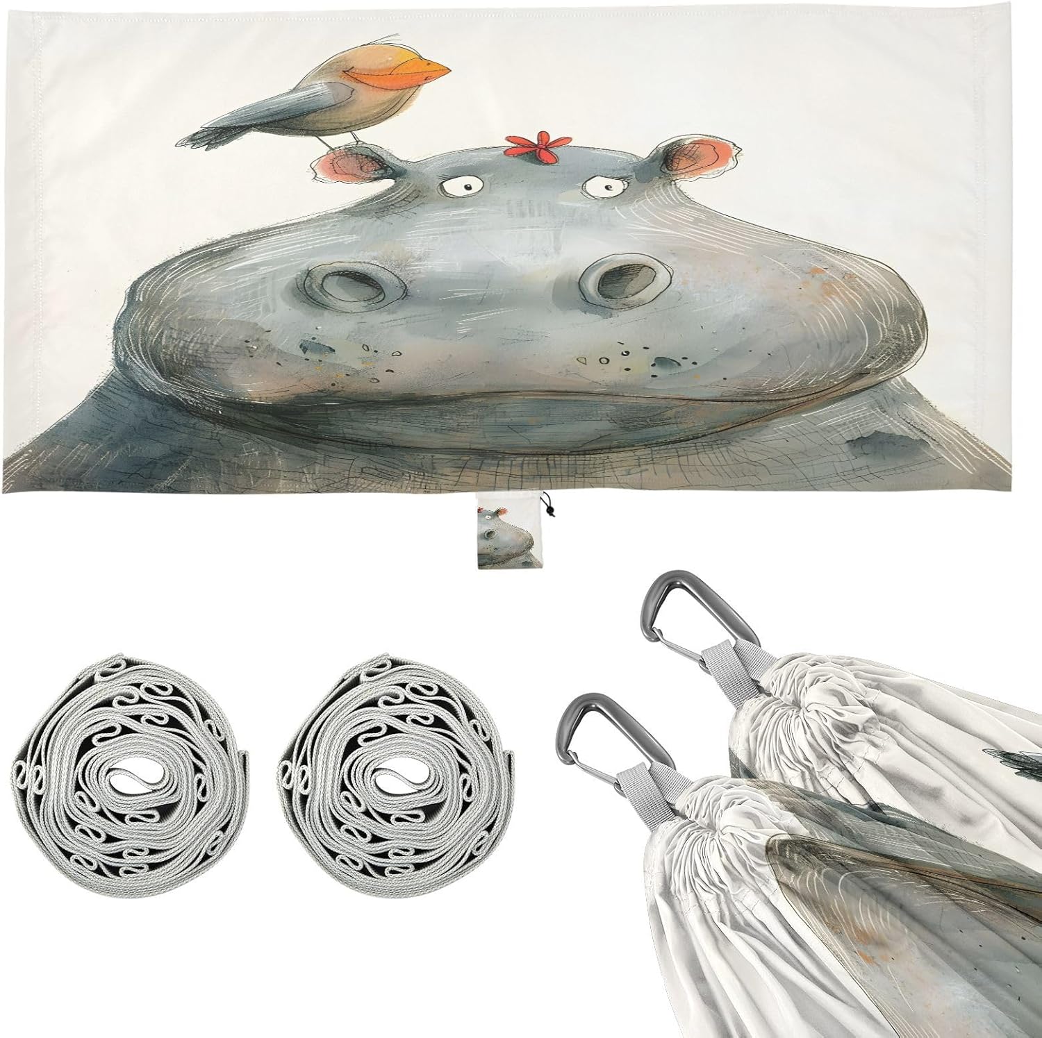 ALAZA Hippo Hippopotamus Bird Camping Hammocks Single or 2 Person 500 lbs Portable Parachute Travel Hammock w/Tree Straps for Hiking Backpacking Indoor Outdoor