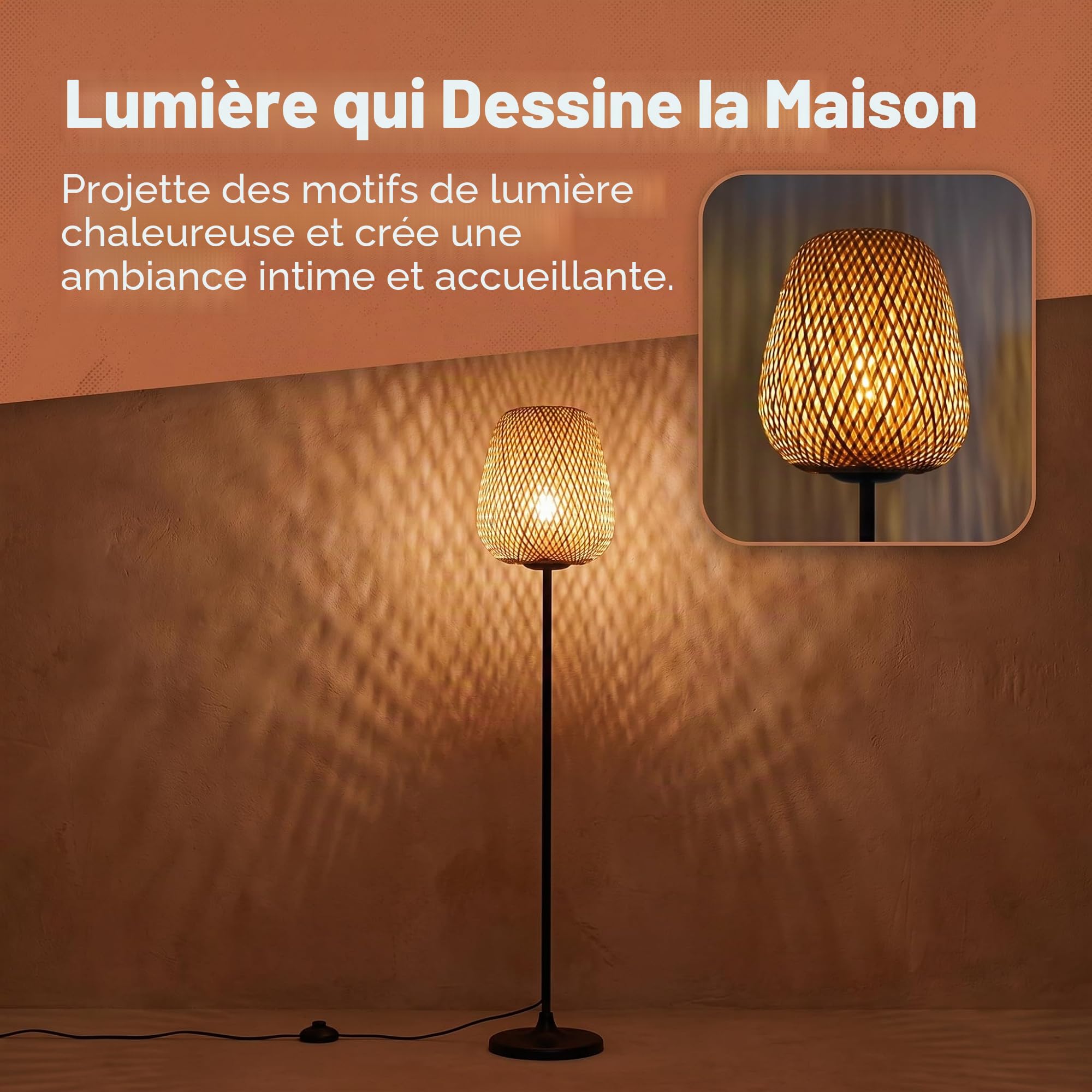 BARCELONA LED Lampadaire NIKKO en Rotin avec Douille E27, Lampe sur Pied Style Bohème Naturel, Abat-Jour Tressé Artisanal, Structure Métal Noir, Éclairage d’Ambiance pour Salon Chambre Salle à Manger
