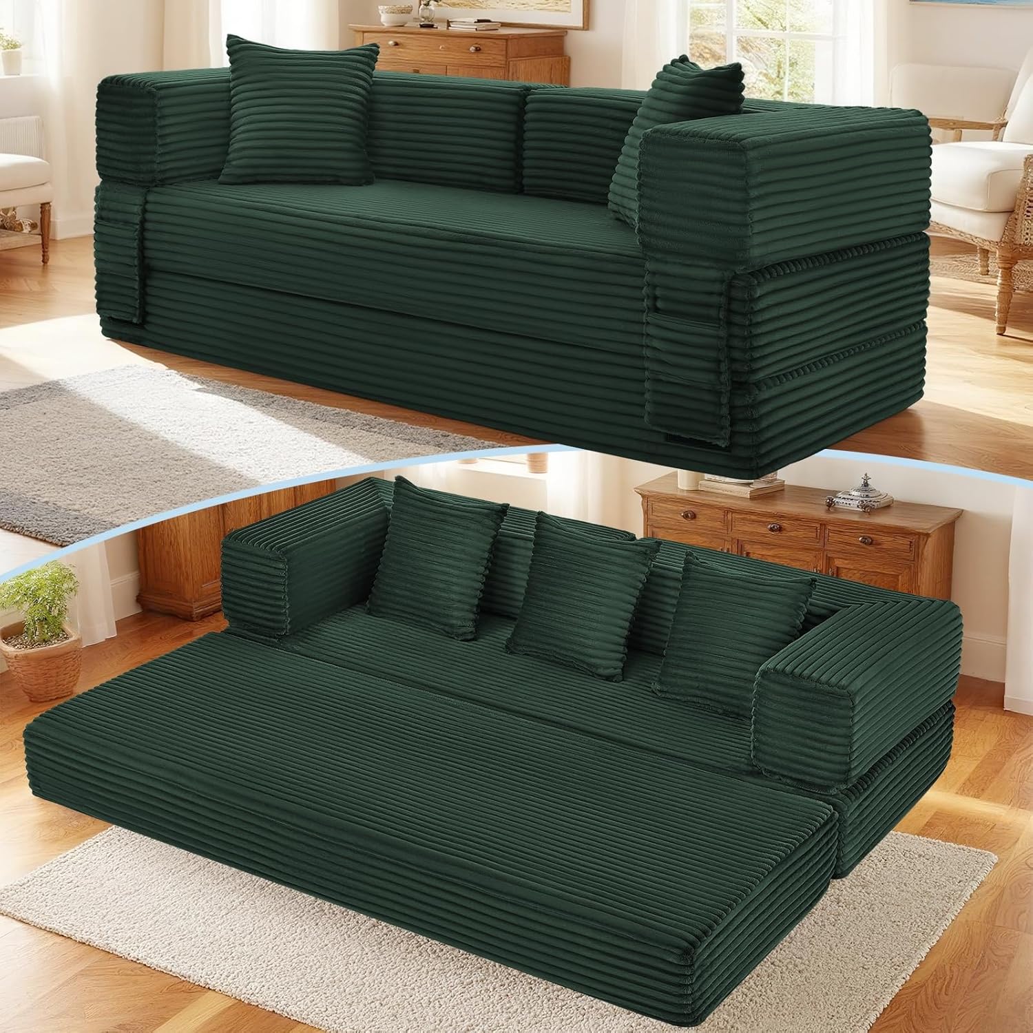 Convertible FoldIing Sofa Bed,5-in-1 Futon Queen Sleeper Sofa with Removable Armrests, Modular Futon Couch with Pull Out Bed,Boneless Couch for Living Room,Compression Sofa in Box, Deep Green