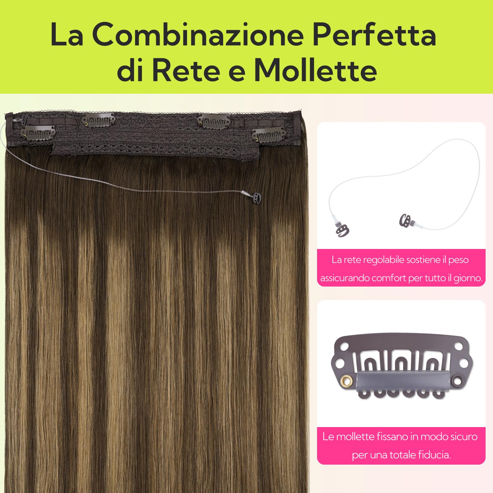 hotbanana Extension Capelli Veri con Filo Invisibile, 45cm 95g Balayage Marrone Cioccolato a Biondo Caramello Capelli Umani Remy Lisci, Invisible Wire Hair Extensions, Extension in Capelli Veri