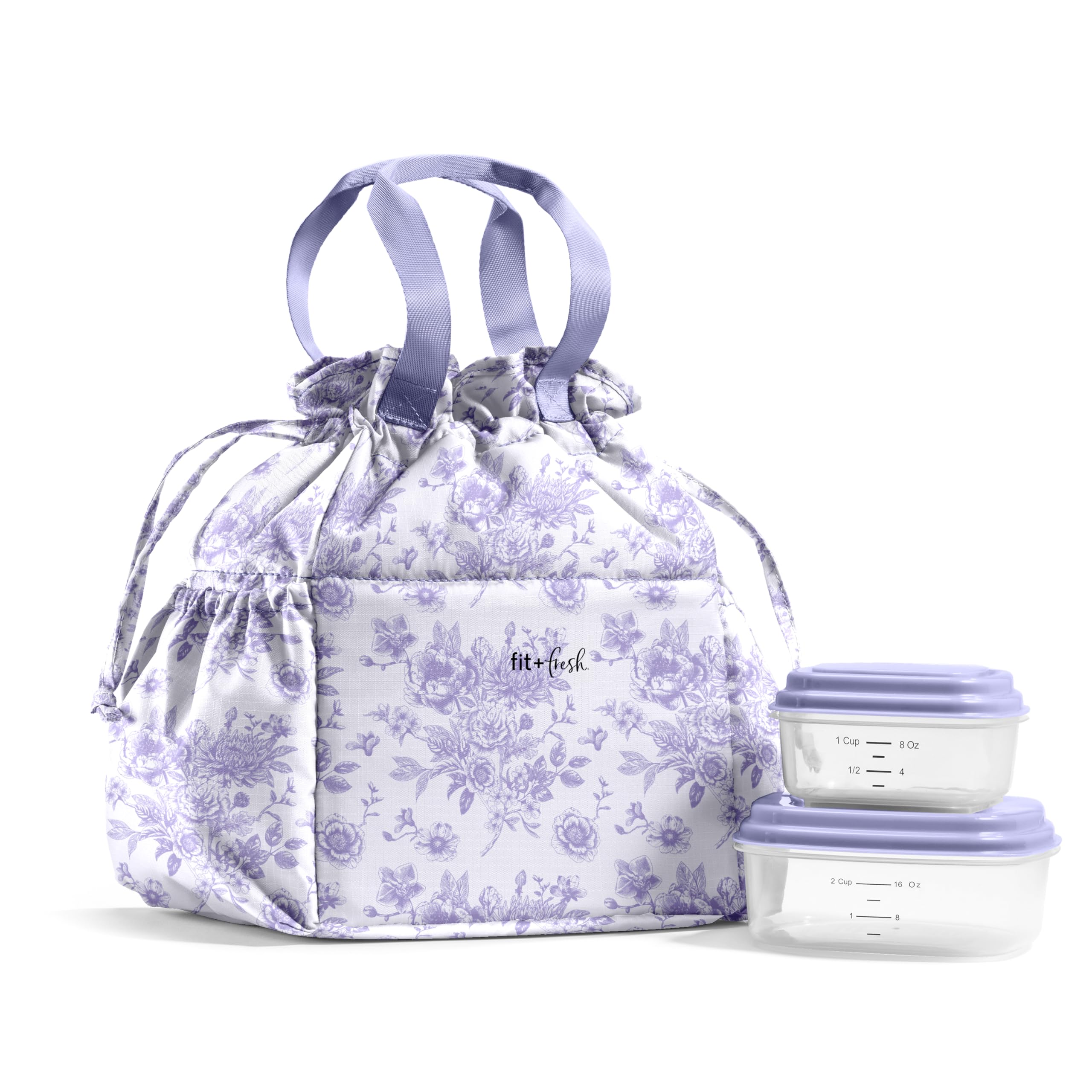 Fit & Fresh Cromwell Drawstring Lunch Bag for Women, Complete Lunch Set with 2 Containers, Stain-Resistant, Leak-Resistant, Back to School Essential, Teacher Lunchbox, Lavender Floral Toile