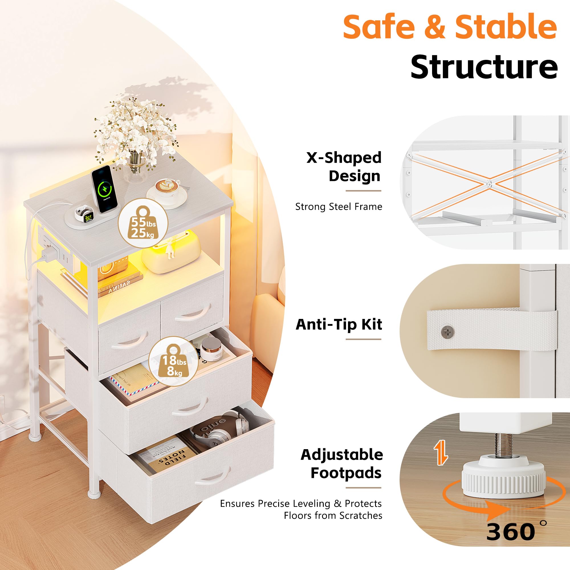 Flrrtenv Dresser for Bedroom, Night Stand with Charging Station, LED Nightstand with 4 Drawers, Tall Table de Chevet for Bedroom, Bedside Table with Storage Shelf for Living Room, White - 5
