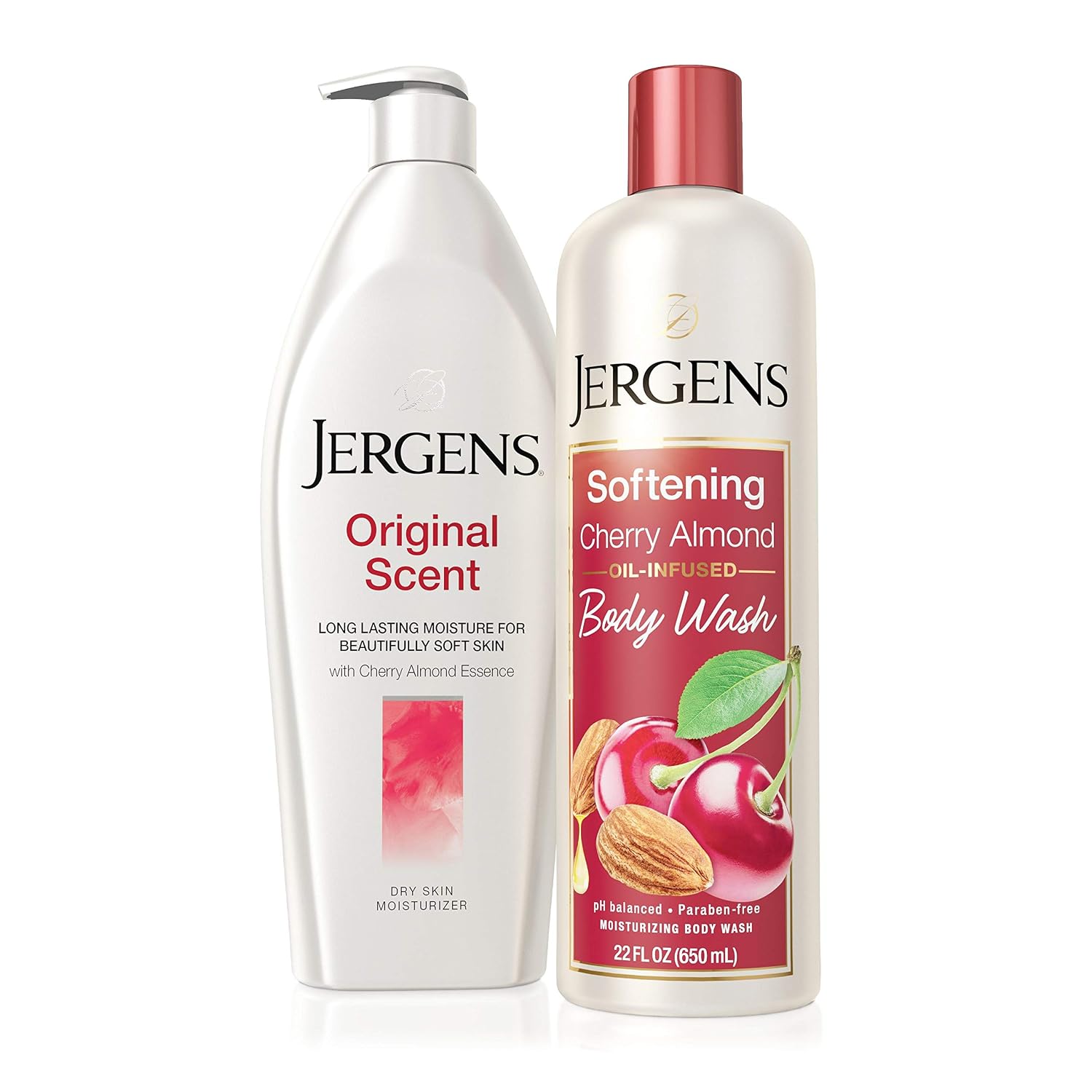 Jergens Softening Cherry Almond Body Wash (22 fl oz) with Jergens Original Scent Dry Skin Body Moisturizer with Cherry Almond Essence (21 oz), Mother's Day Lotion Set