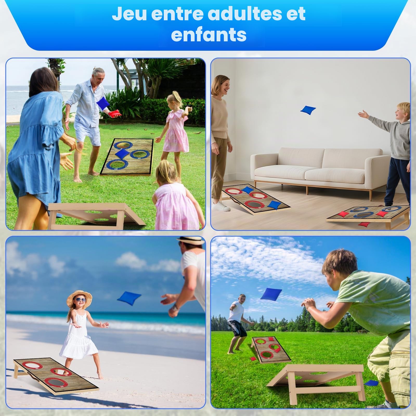 NZQXJXZ Cornhole Jeu Complet, 60 x 35cm Planches à Trous de Maïs de Qualité | Supérieure en Bois Massif avec 6 Poufs et un Sac de Transport, Ensemble de Jeu de Lancer de Maïs pour Famille et Adultes