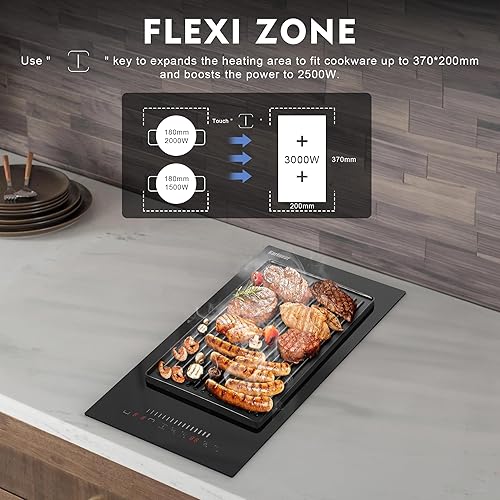 Miniatura 2 de Karinear Placa de inducción de 12 pulgadas, 2 quemadores, estufa de inducción integrada con zona flexible, bloqueo de seguridad para niños,