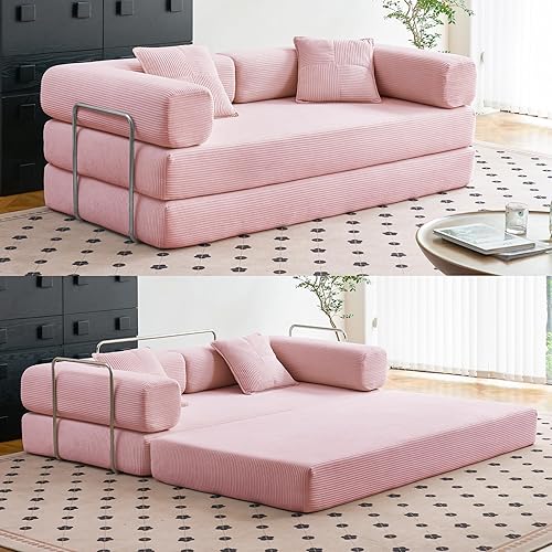 Compression Sofa - 78''Convertible Floor Sofa Bed - with Pillow Back Support Armrest - Comfy Foldable Sofa Bed Compressed Sofa in Box - Corduroy Fabric - for Living Room Bedroom (Pink)