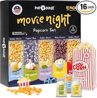 Pop n' Dulge Popcorn Movie Night Supplies 16 pcs Gift Set, 5 Gourmet Popcorn Kernels, 5 Seasoning Variety Packs Non-GMO Kosher Snacks, Great Housewarming Family Date Night Gifts Basket Ideas For Him Her