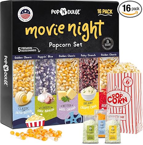Pop n' Dulge Popcorn Movie Night Supplies 16 pcs Gift Set, 5 Gourmet Popcorn Kernels, 5 Seasoning Variety Packs Non-GMO Kosher Snacks, Great Housewarming Family Date Night Gifts Basket Ideas For Him Her